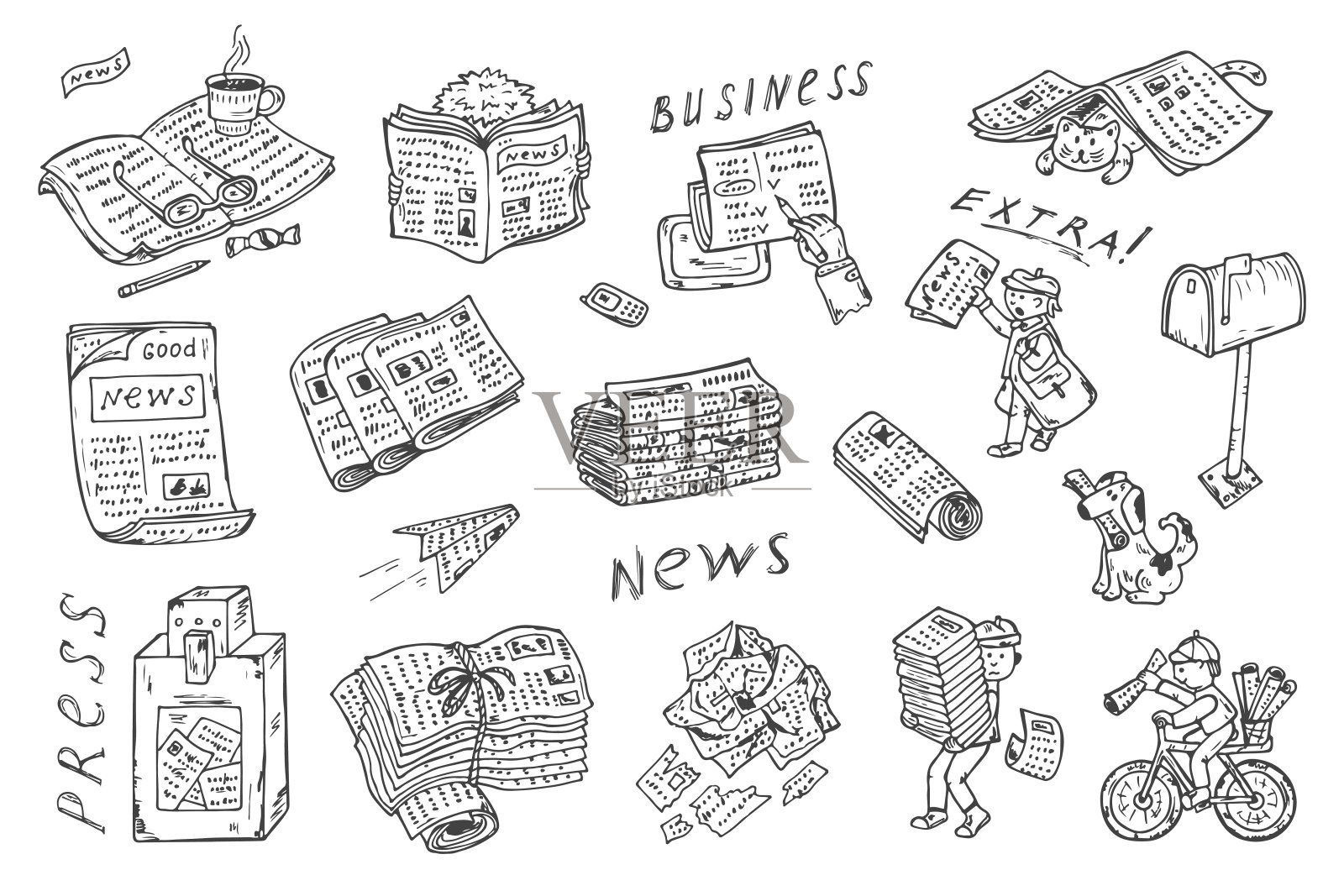 报纸向量集:报纸、邮递员、报童、报纸自动售货机、邮筒插画图片素材