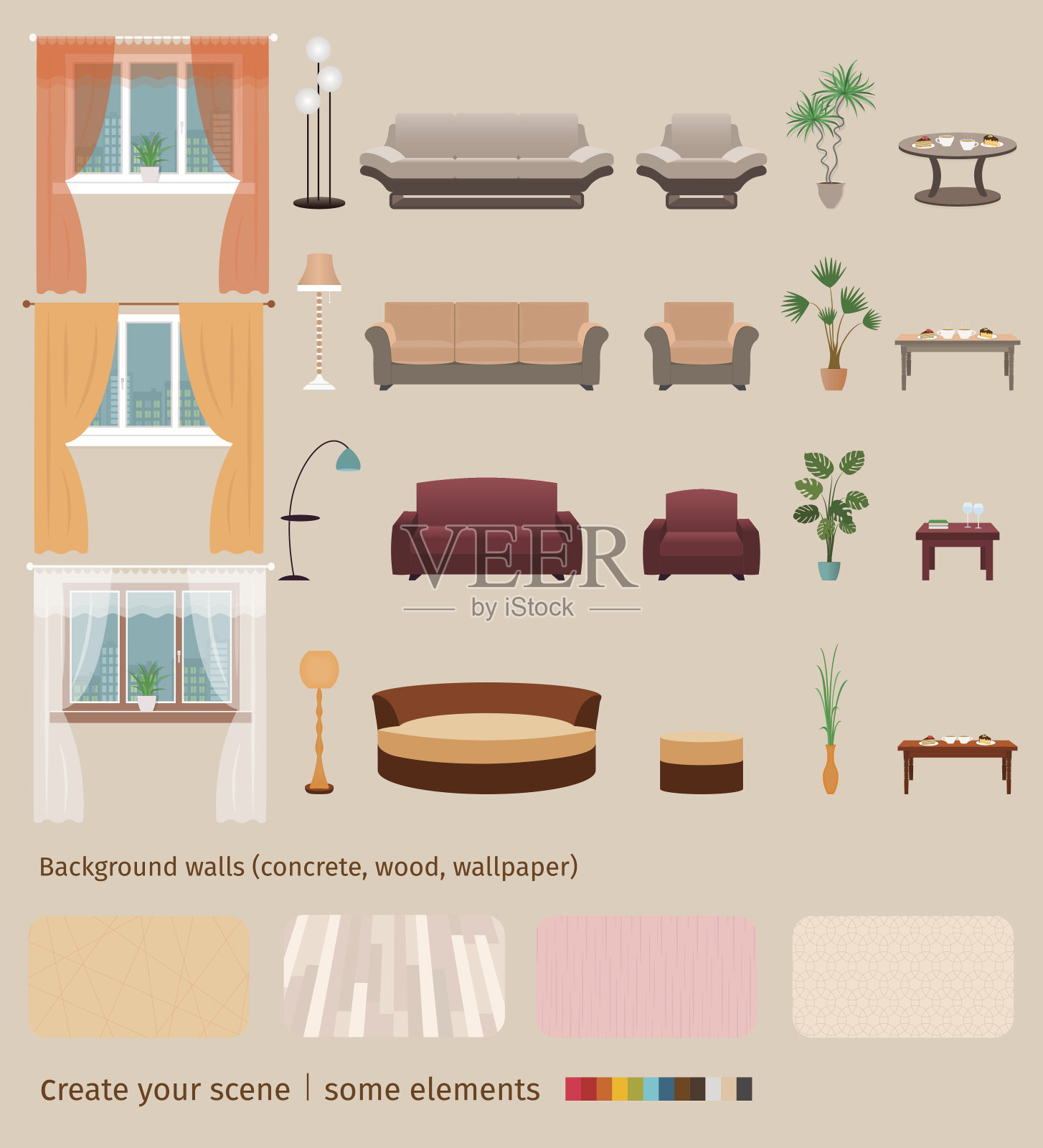 一套家居客厅元素和家具，创造属于你自己的家居室内场景。插画图片素材