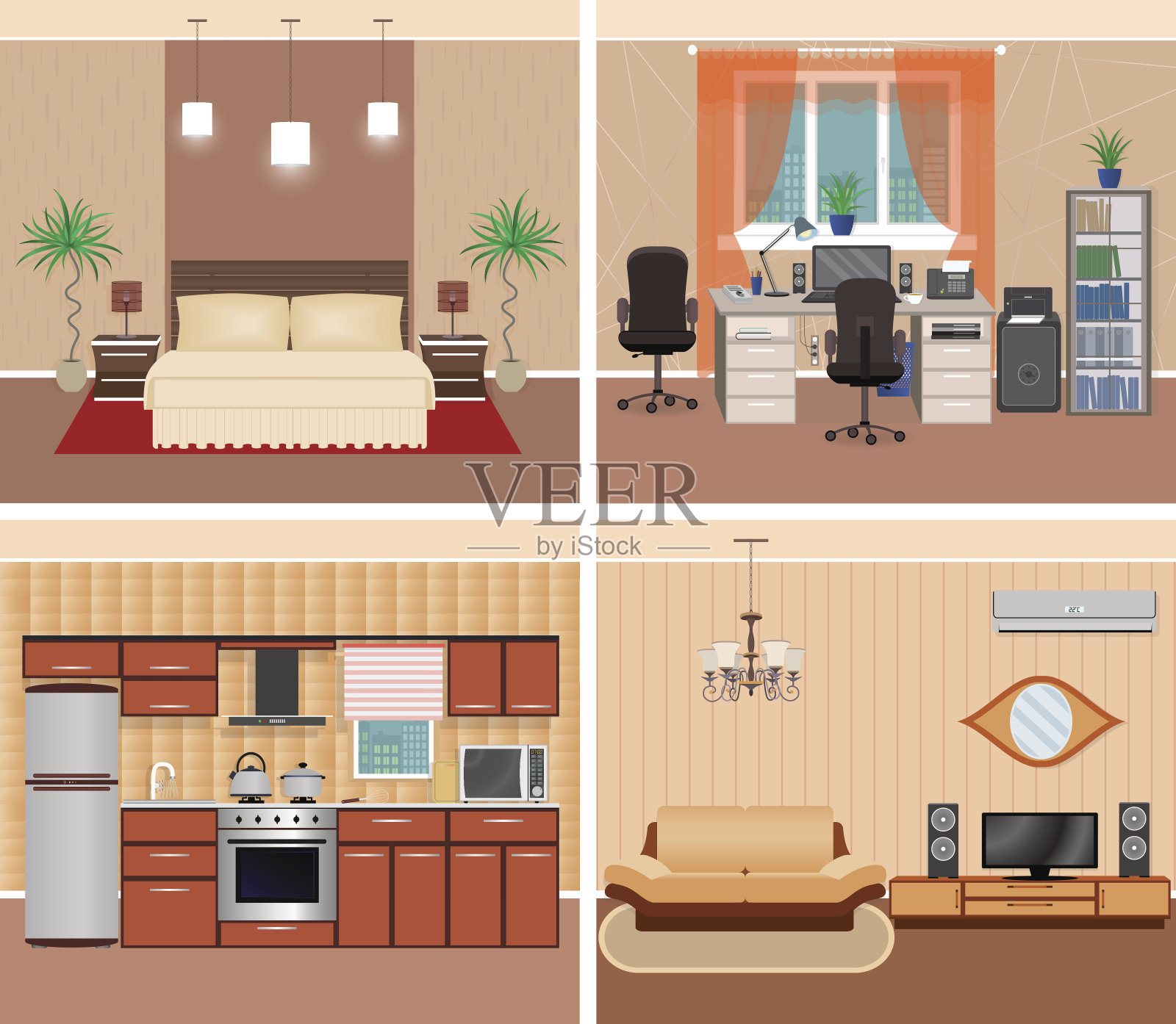 住宅内部客厅，家庭工作场所，卧室和厨房。家居设计包括家具和电子产品。插画图片素材