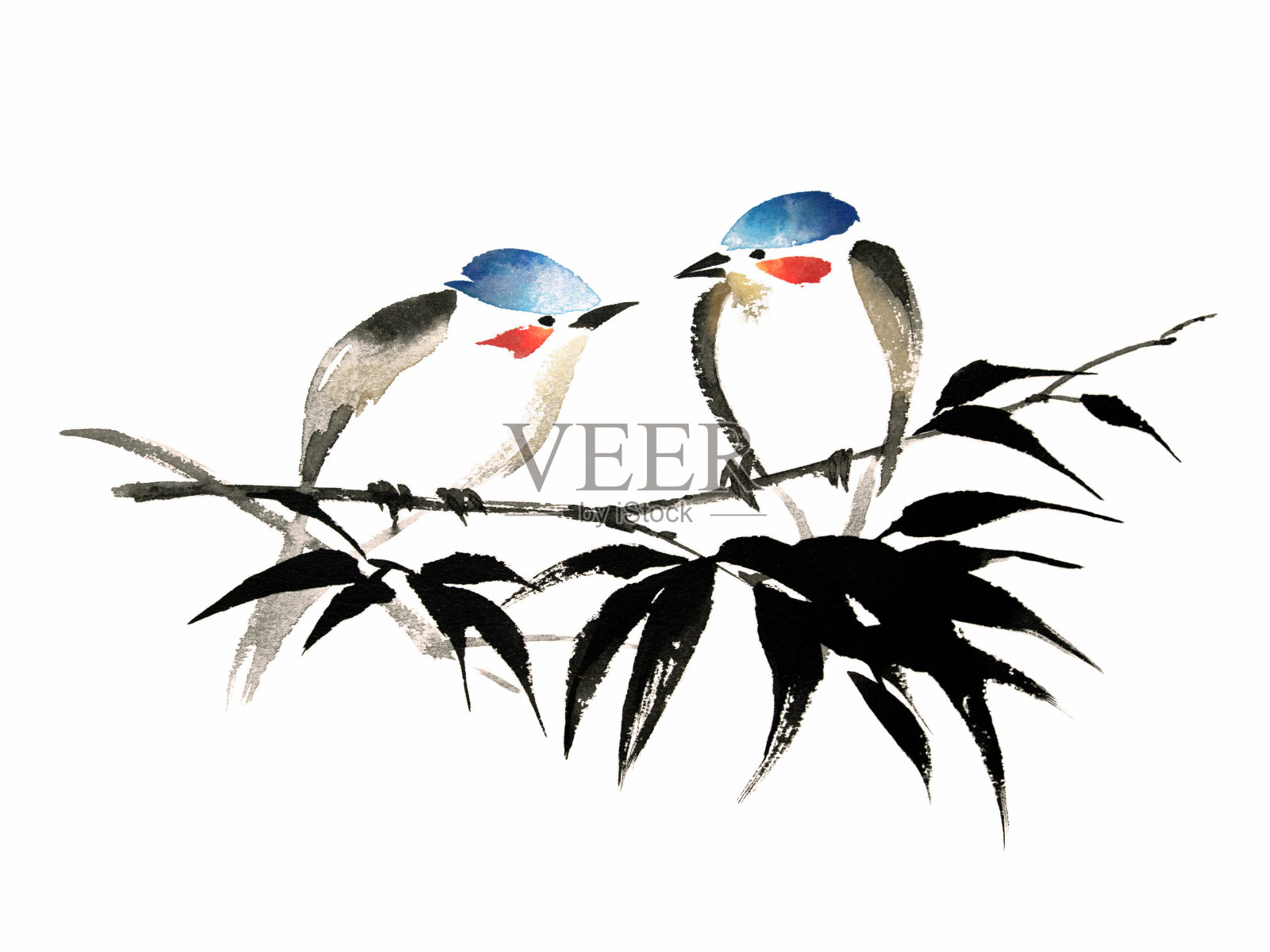 竹上两只鸟的水墨插图。烟灰墨的风格。插画图片素材
