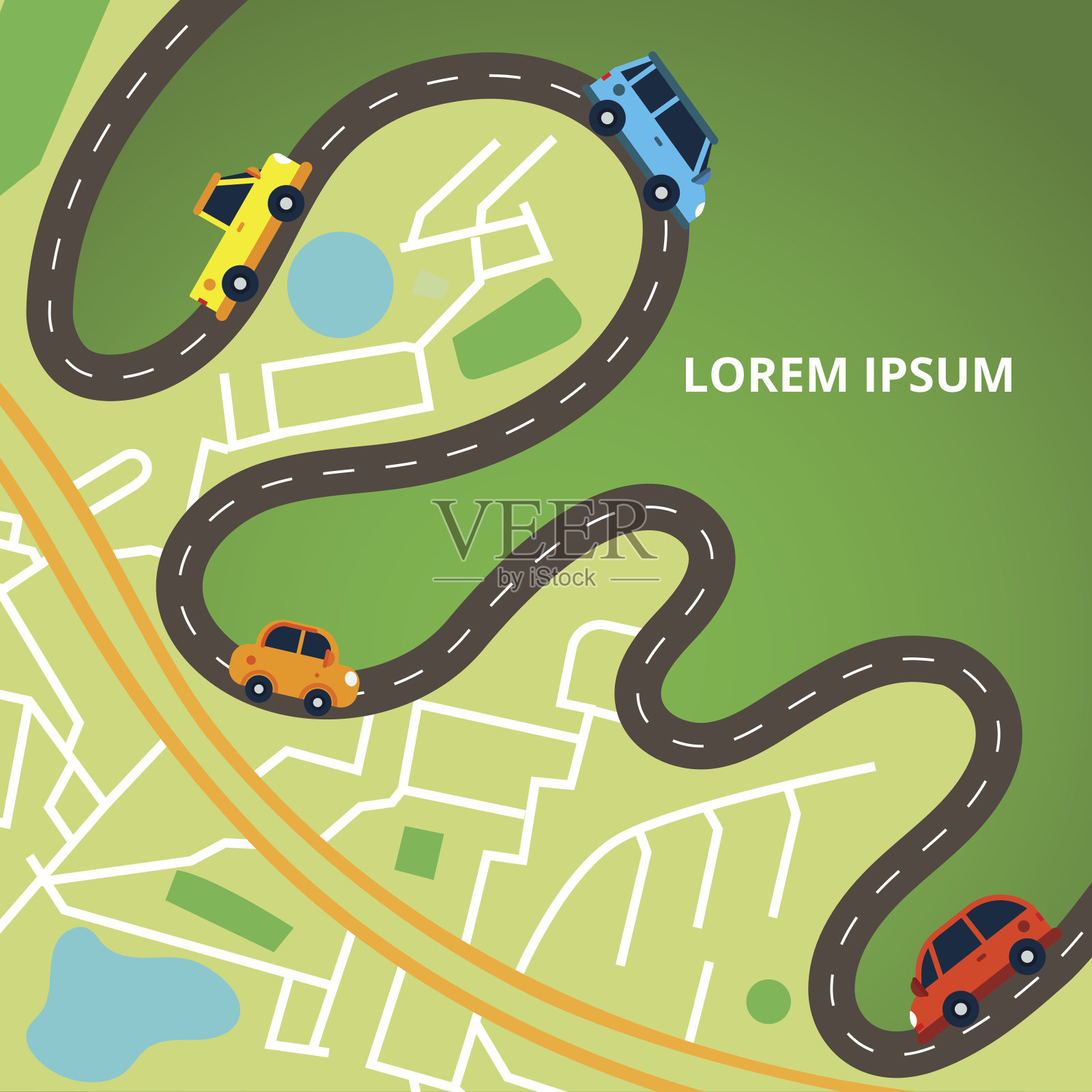俯视图城市地图与曲折的道路和许多五颜六色的汽车。交通堵塞。矢量插图为网络横幅和信息图形。插画图片素材