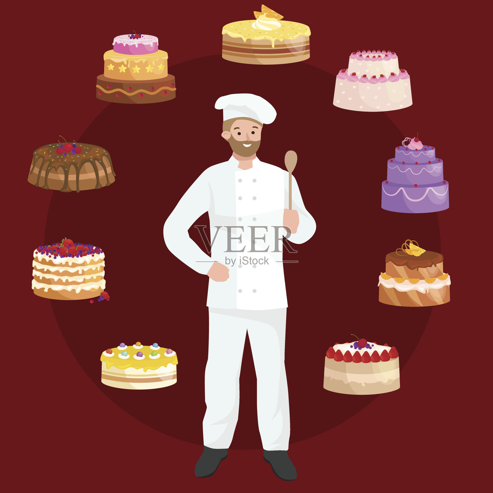 糕点师厨师厨师卡通人物与蛋糕。矢量插图集插画图片素材_ID:123829266-Veer图库