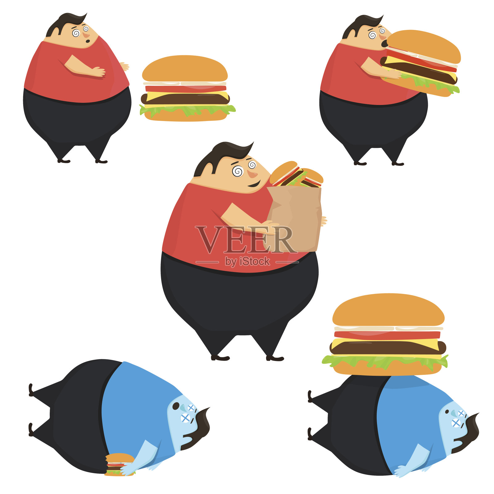 一组胖子吃汉堡插画图片素材