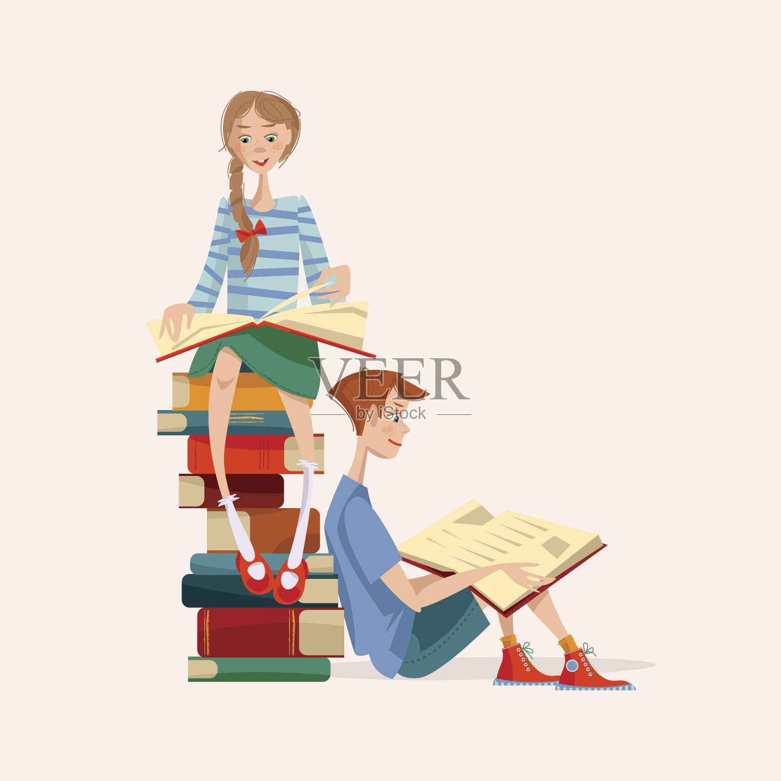 女孩和男孩读书。识字的一天。插画图片素材