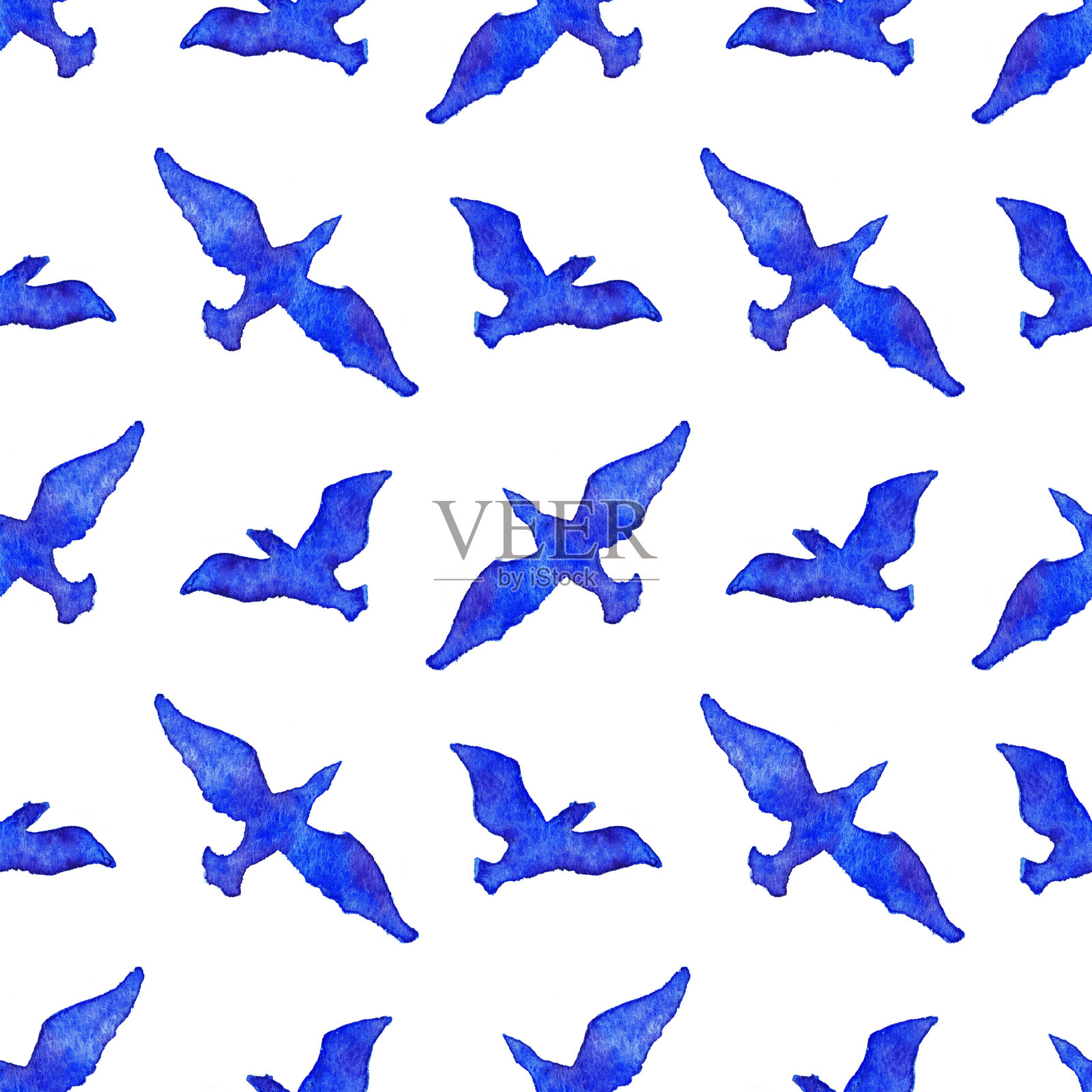 水彩飞鸟动物蓝白色无缝图案插画图片素材