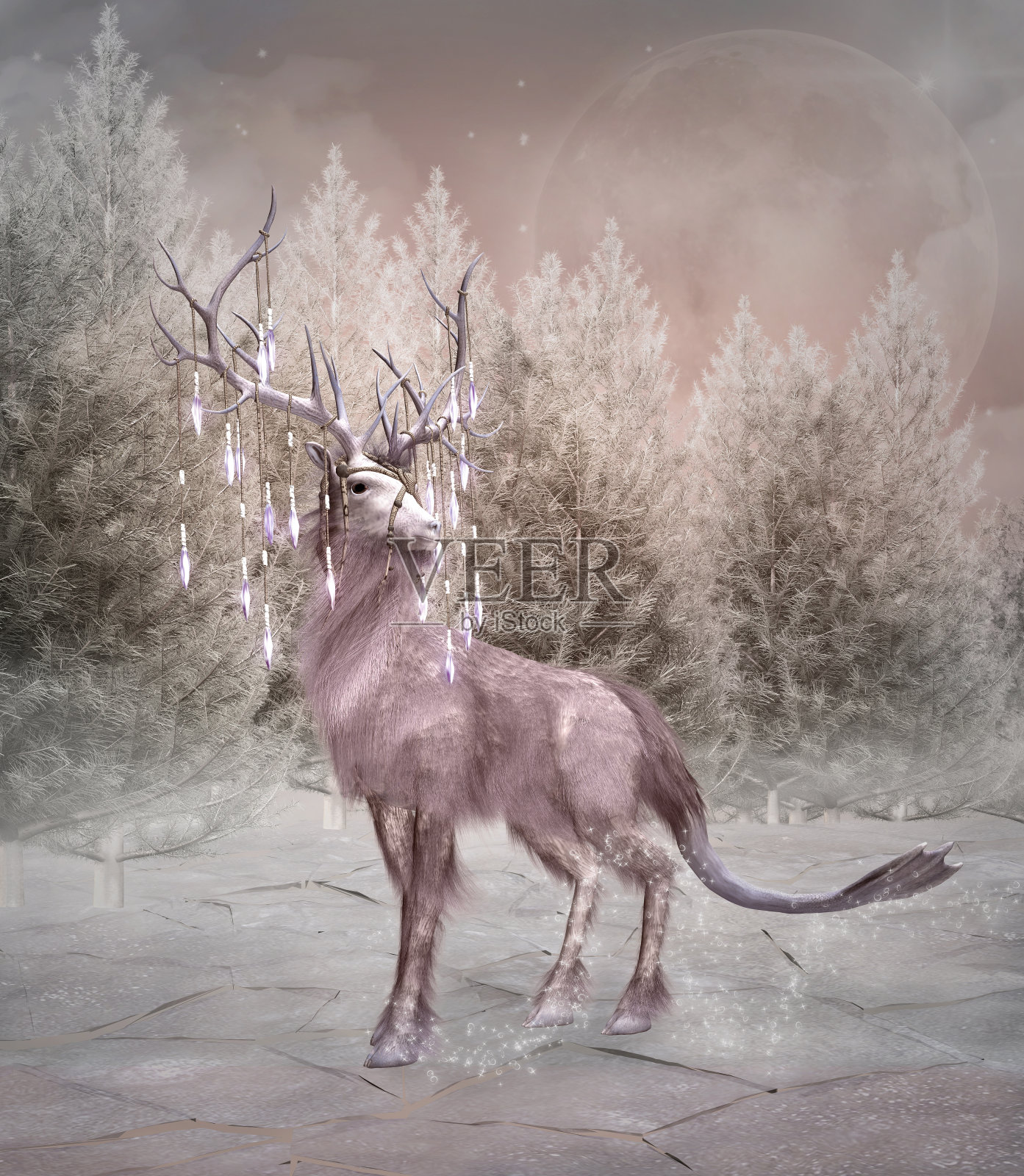 迷人的幻想麋鹿在冬天的森林插画图片素材