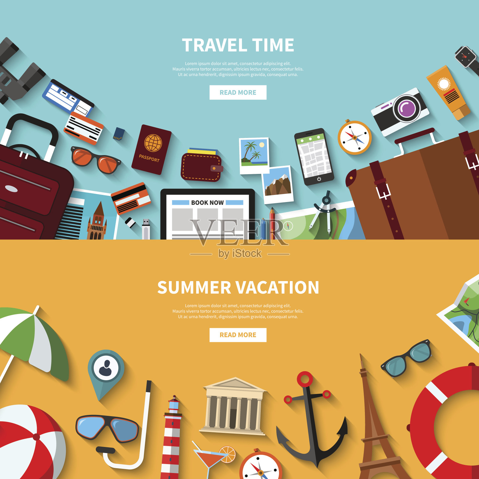 旅行时间。暑假。矢量概念横幅在平面风格插画图片素材