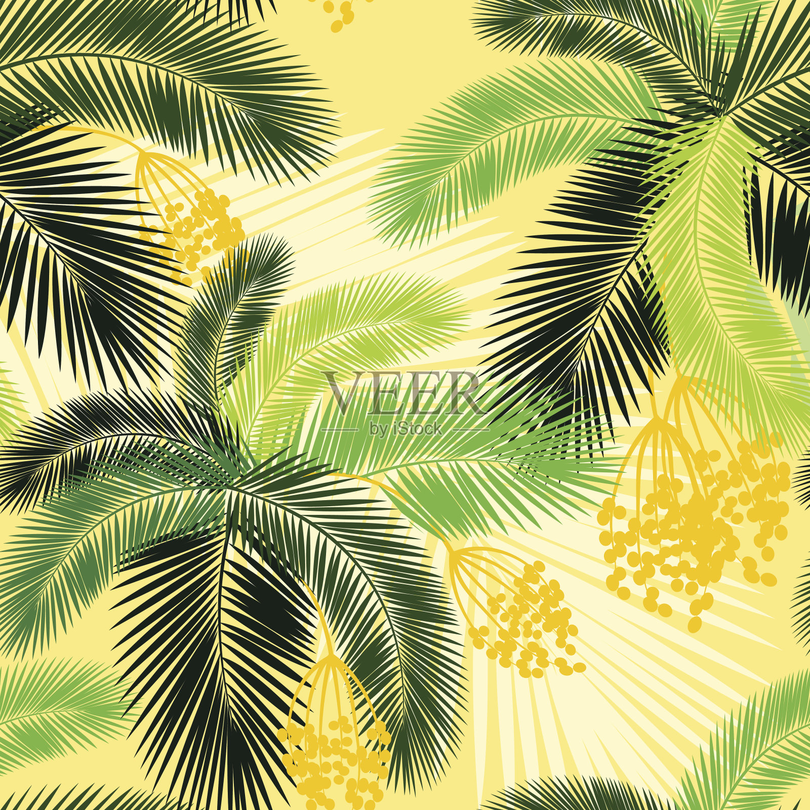 矢量插图无缝颜色棕榈叶和水果图案设计元素图片