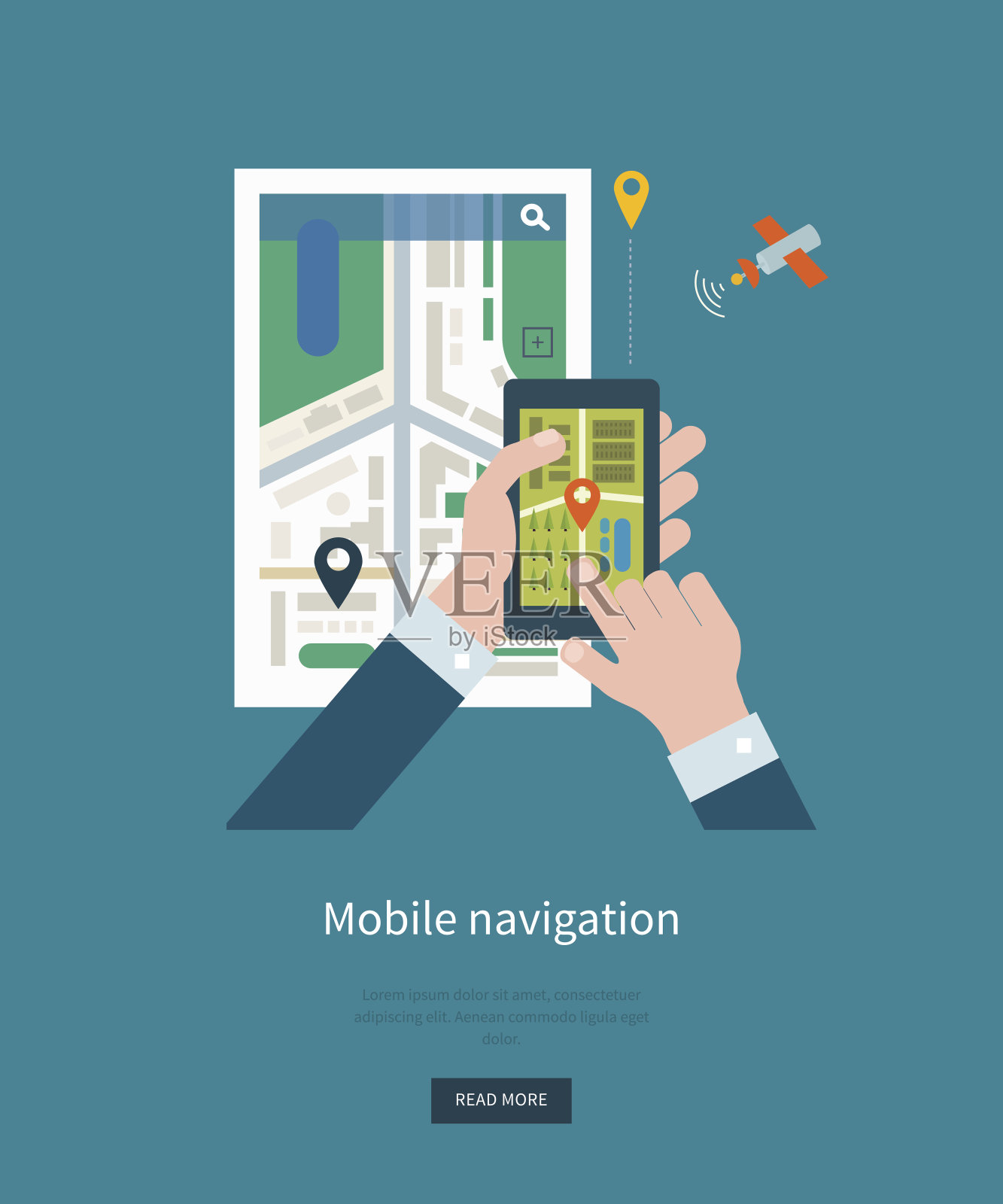 手持带有移动导航的智能手机的概念。地图导航插画图片素材
