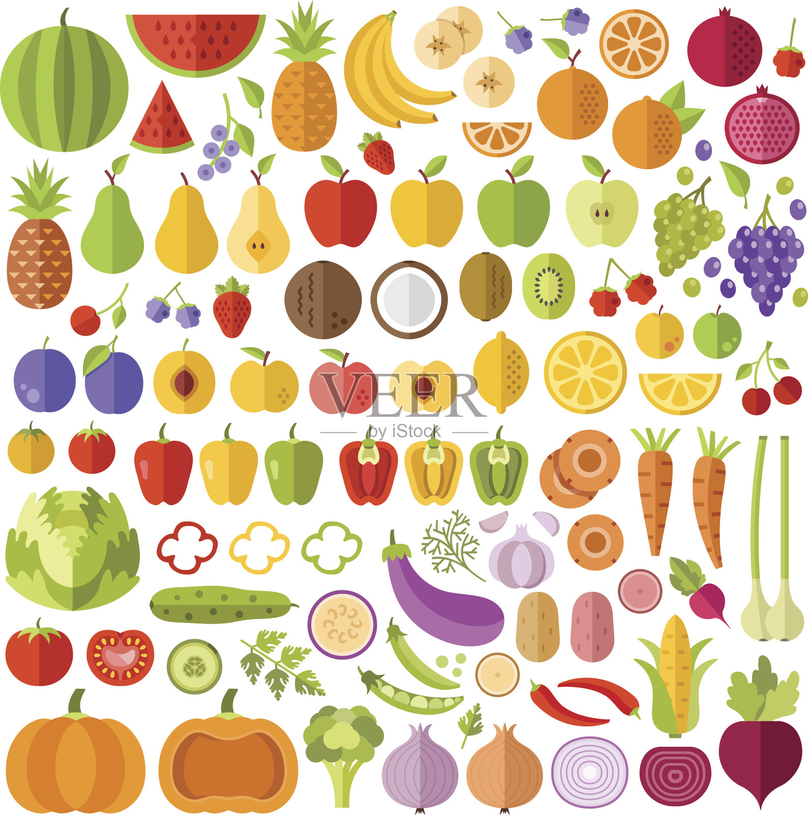 水果和蔬菜平面图标设置。矢量图标，矢量插图设计元素图片