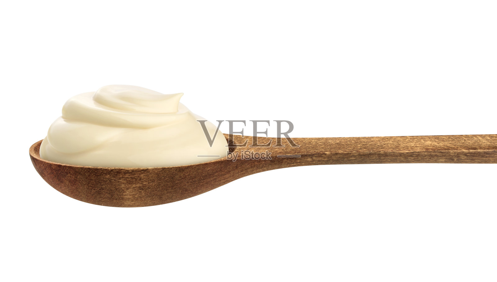 酸奶油在木勺孤立的白色背景照片摄影图片