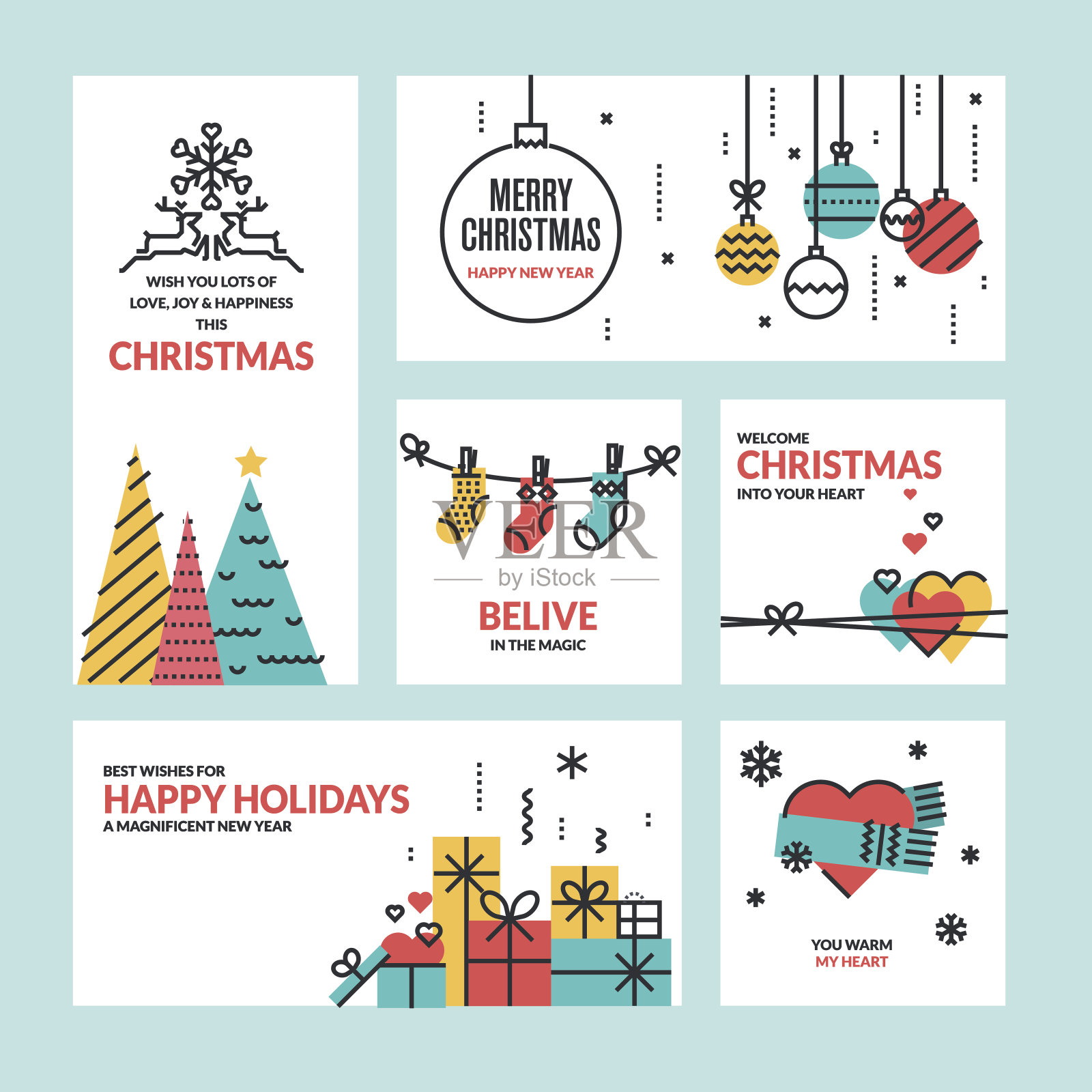 平线设计圣诞和新年贺卡设计模板素材