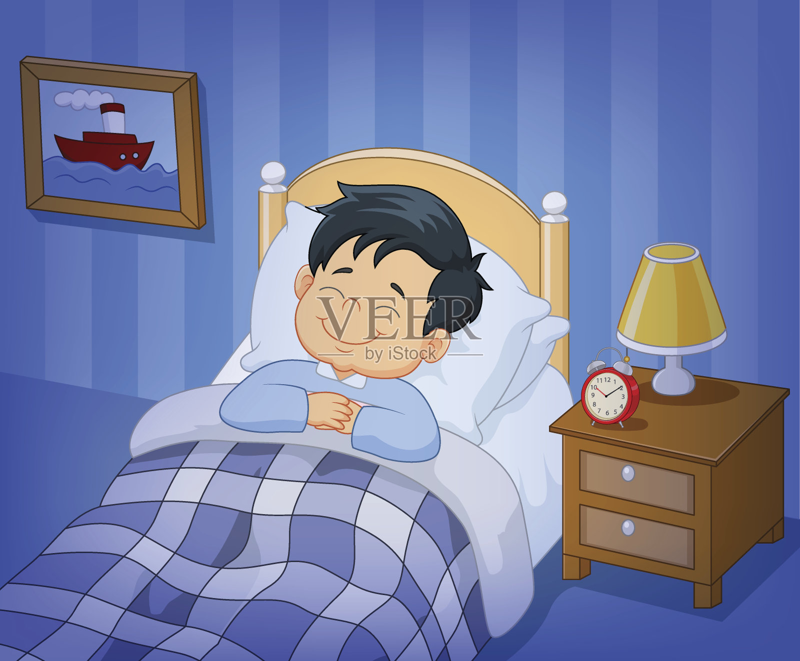 卡通微笑的小男孩睡在床上设计元素图片