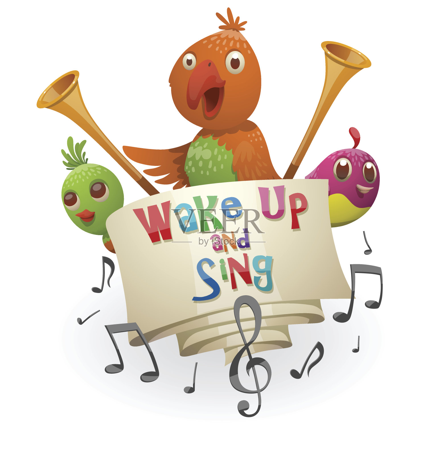 象征“醒来歌唱”，绿色，橙色，粉色的小鸟插画图片素材