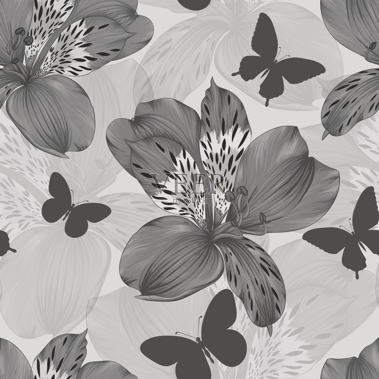 黑白无缝图案和蝴蝶的剪影插画图片素材