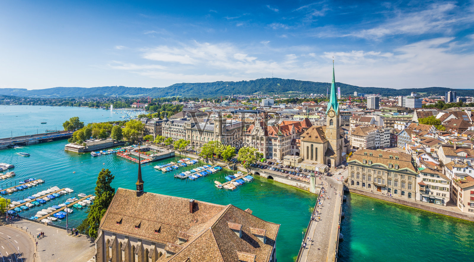 苏黎世和利马特河的鸟瞰图，瑞士照片摄影图片
