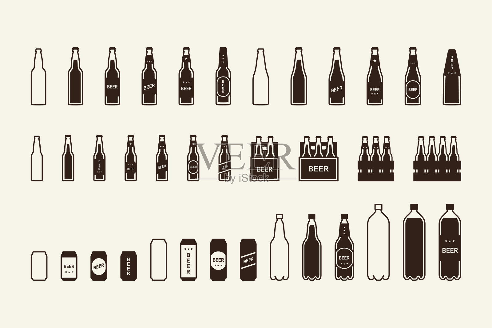 啤酒包装图标设置:瓶子，罐，盒子插画图片素材