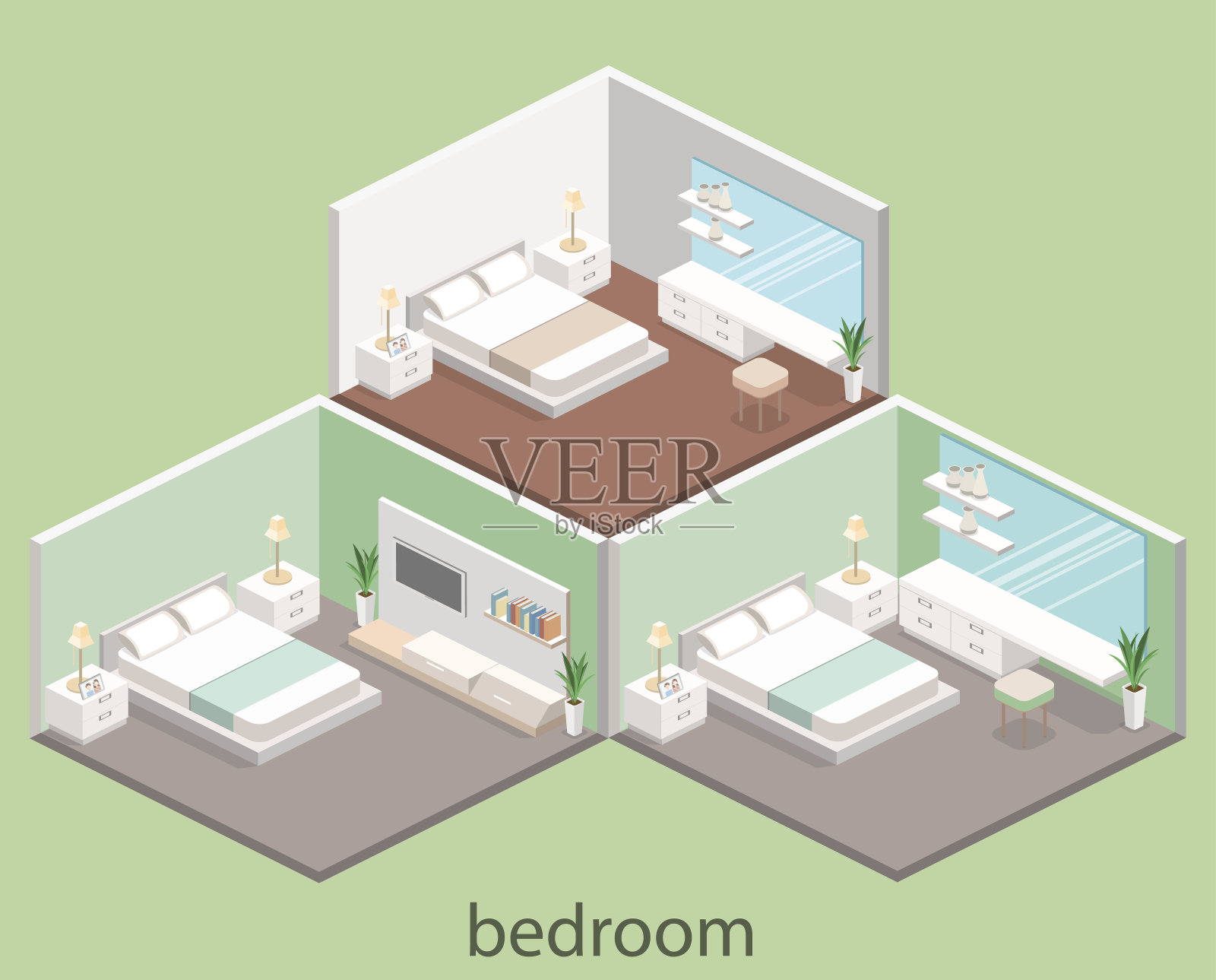 等距风格的现代卧室设计。插画图片素材