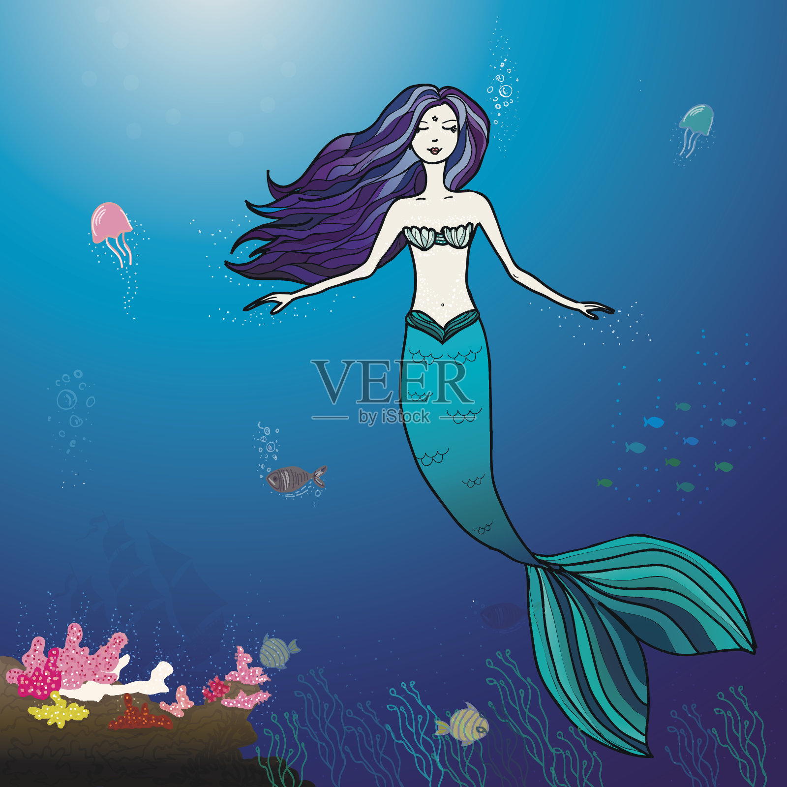 美人鱼和海洋插图插画图片素材