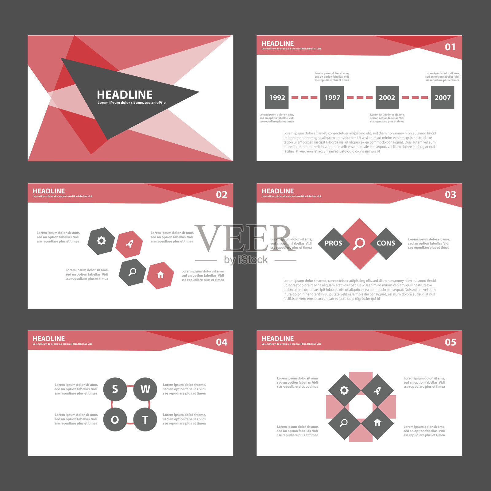 黑色和红色多功能信息图表演示模板平面设计集设计模板素材