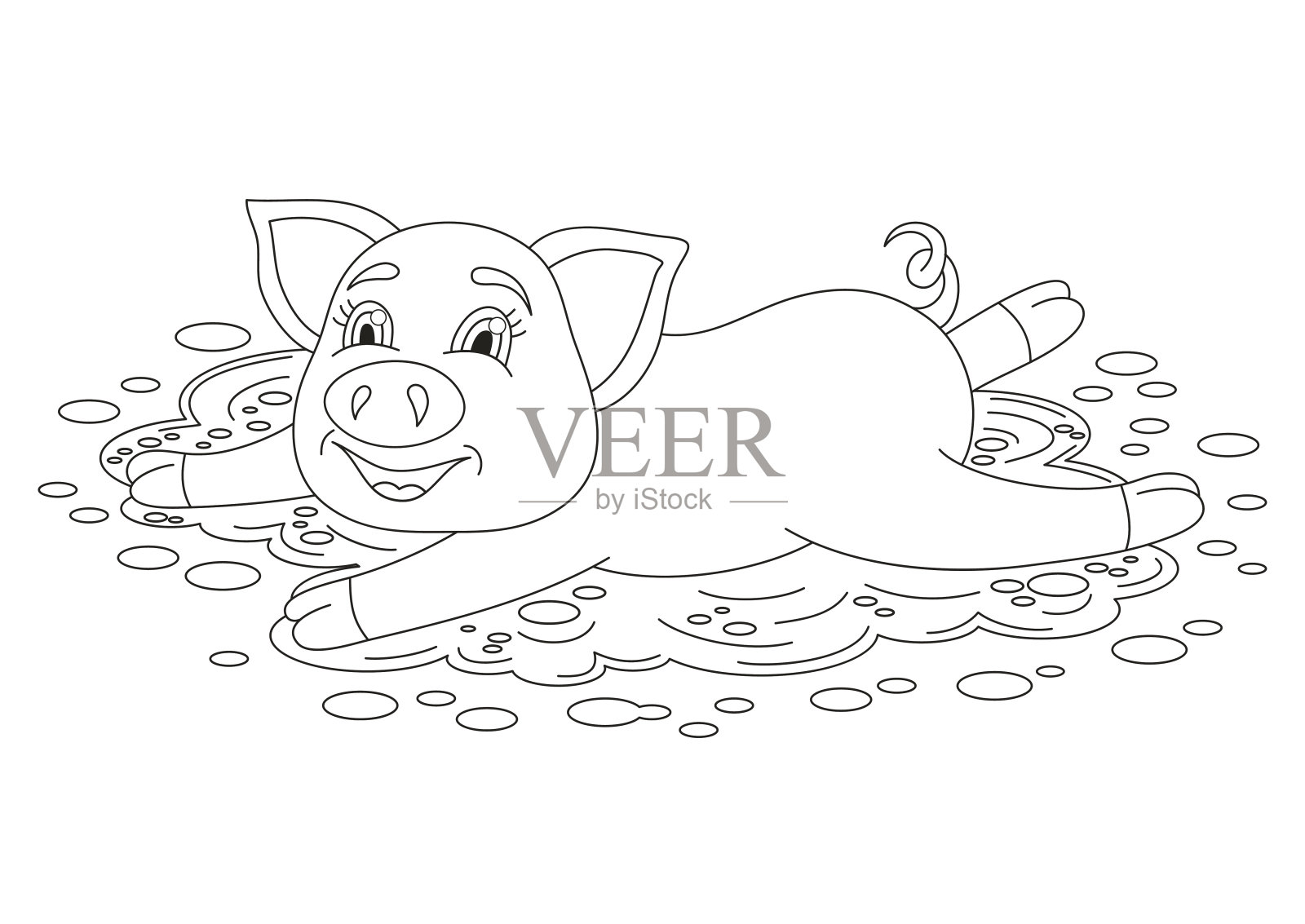 小猪站在泥水坑里，涂色书页插画图片素材