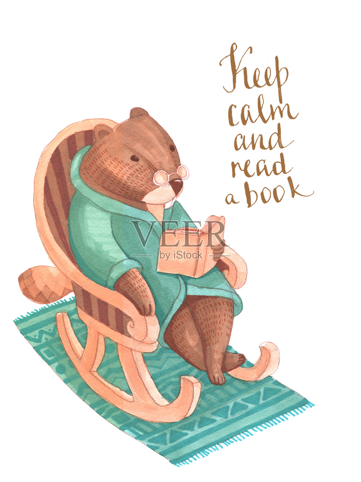 水彩插图。海狸穿着浴袍，戴着眼镜坐在摇椅上看书插画图片素材