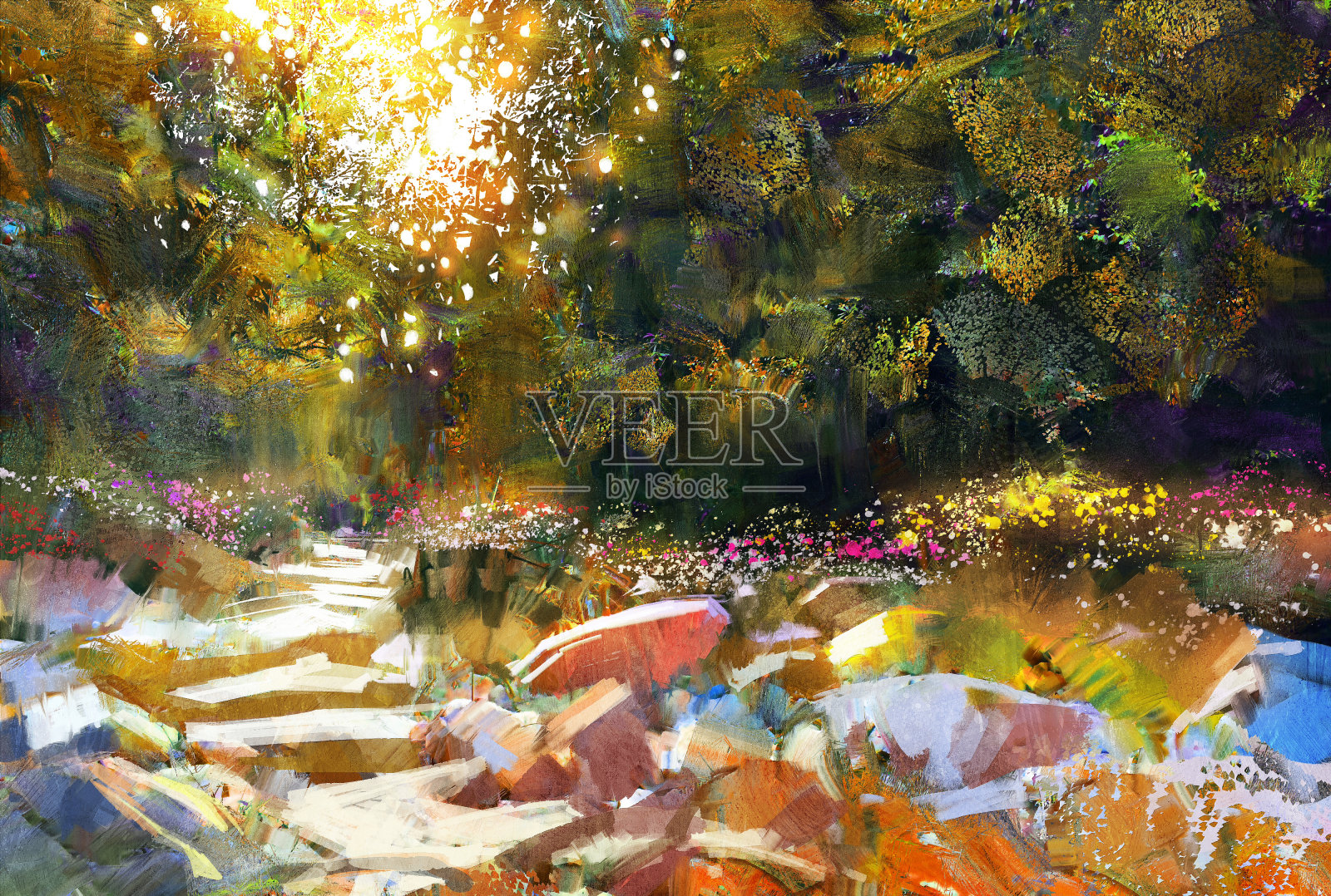秋天的森林里有花草树木的小路插画图片素材