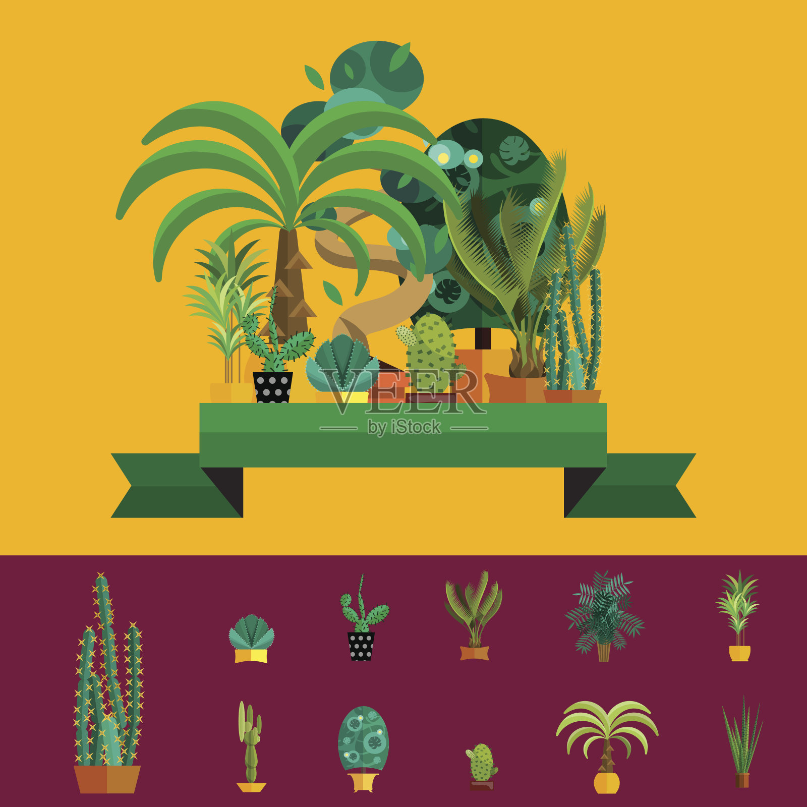 热带植物，一套扁平盆栽室内植物插画图片素材