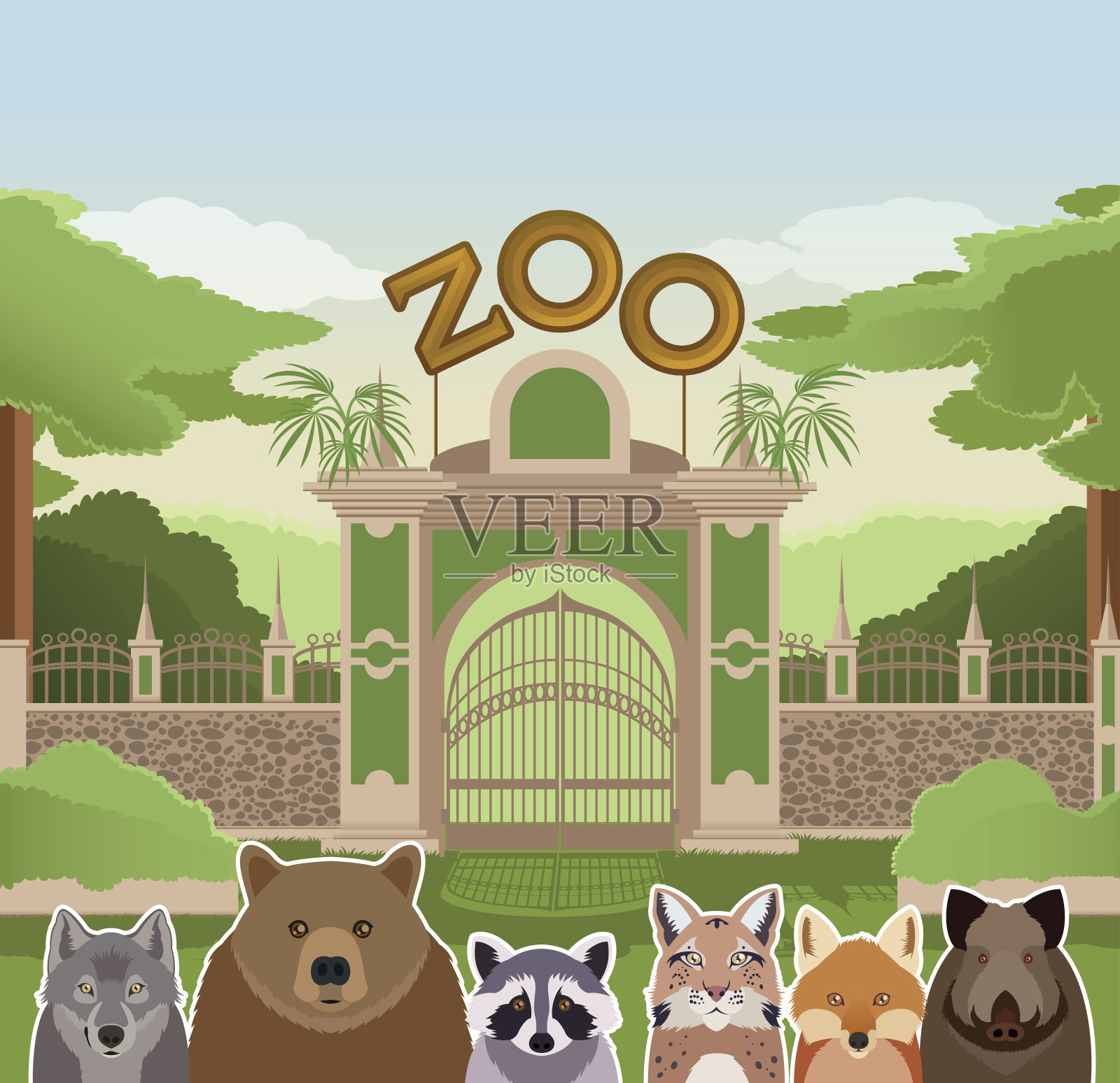 创意动物园大门和动物矢量素材图片_卡通动物_动漫卡通-图行天下素材网