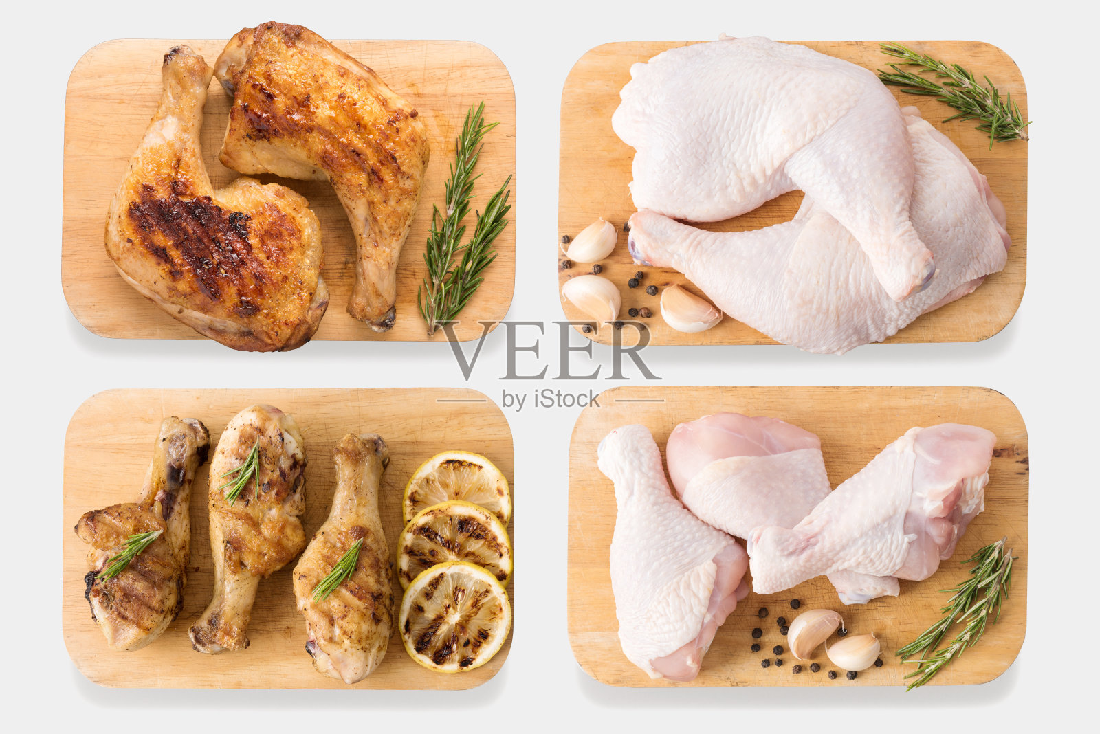模拟生鸡肉和烤鸡在切板设置。照片摄影图片