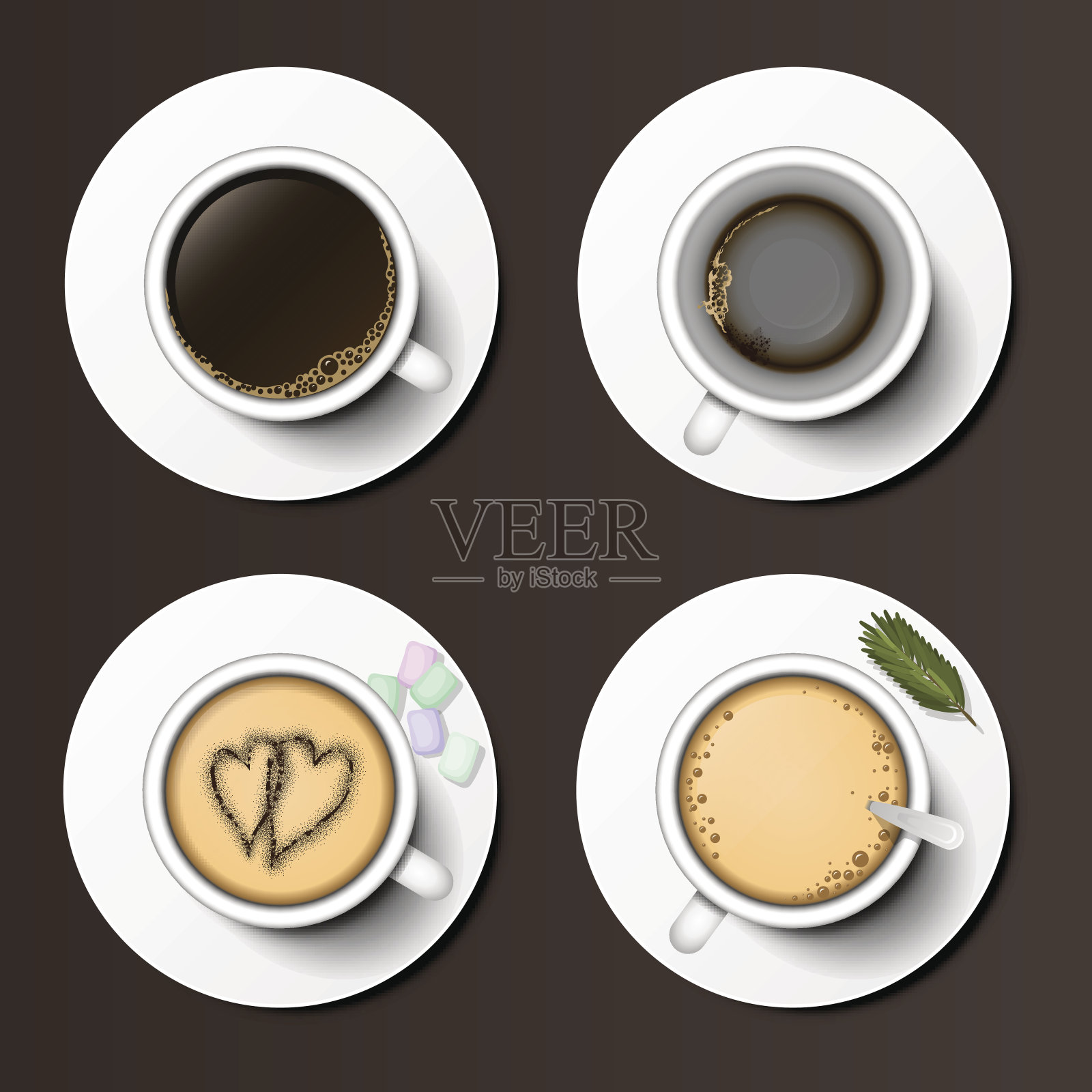 咖啡杯分类俯视图集合矢量插图。设计元素图片