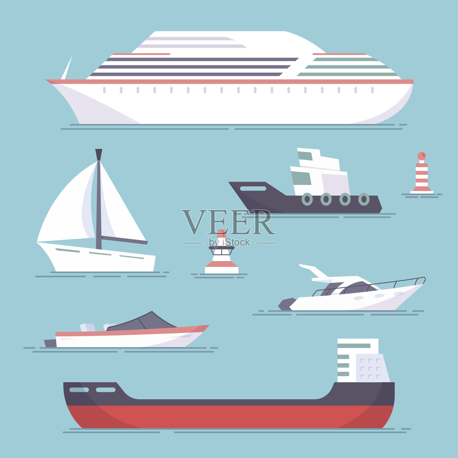 海上成套船舶、小艇、游艇和帆船油轮。海洋浮标。矢量，插图在蓝色背景EPS10上隔离的平面风格。插画图片素材