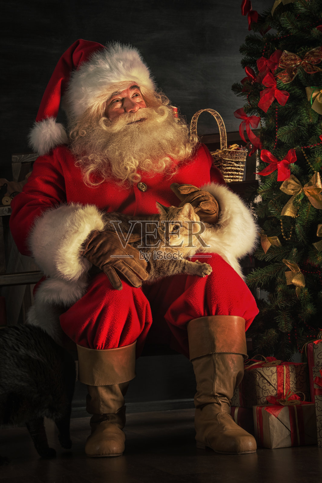 圣诞老人坐在圣诞树旁照片摄影图片