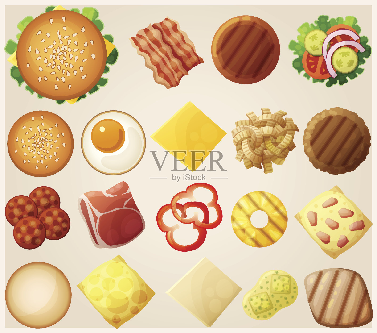 汉堡。前视图。配料:面包、乳酪、培根、番茄、洋葱插画图片素材
