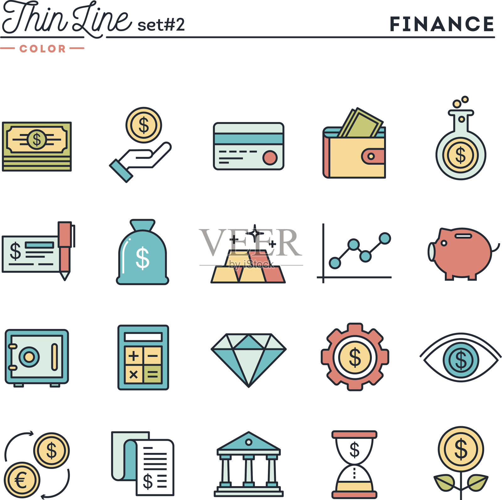 金融、货币、银行、商业等，细线彩色图标图标素材