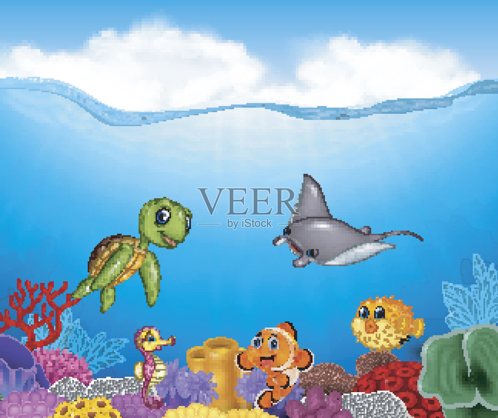 卡通热带鱼与美丽的水下世界插画图片素材