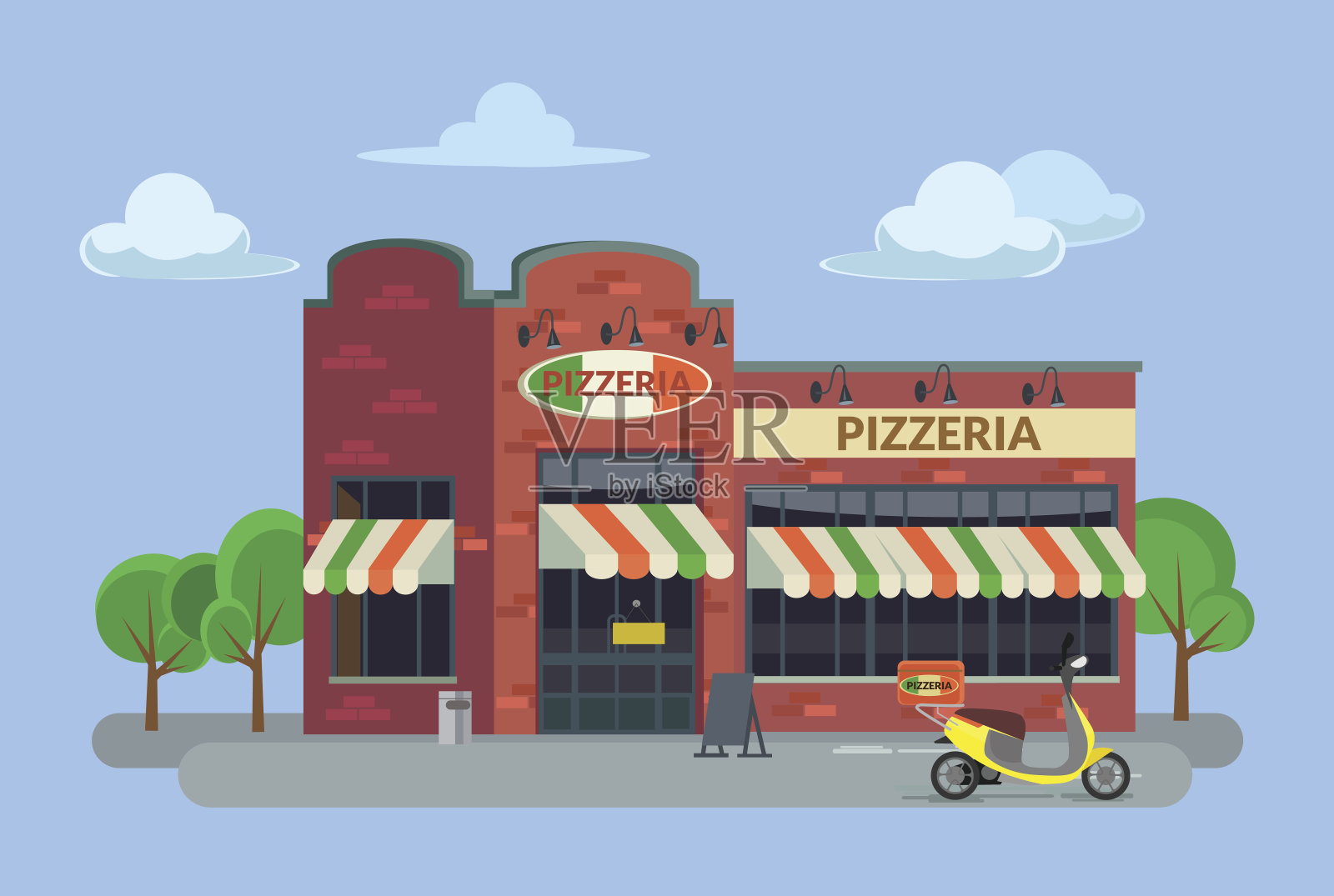 卡通披萨店。矢量平面插图插画图片素材