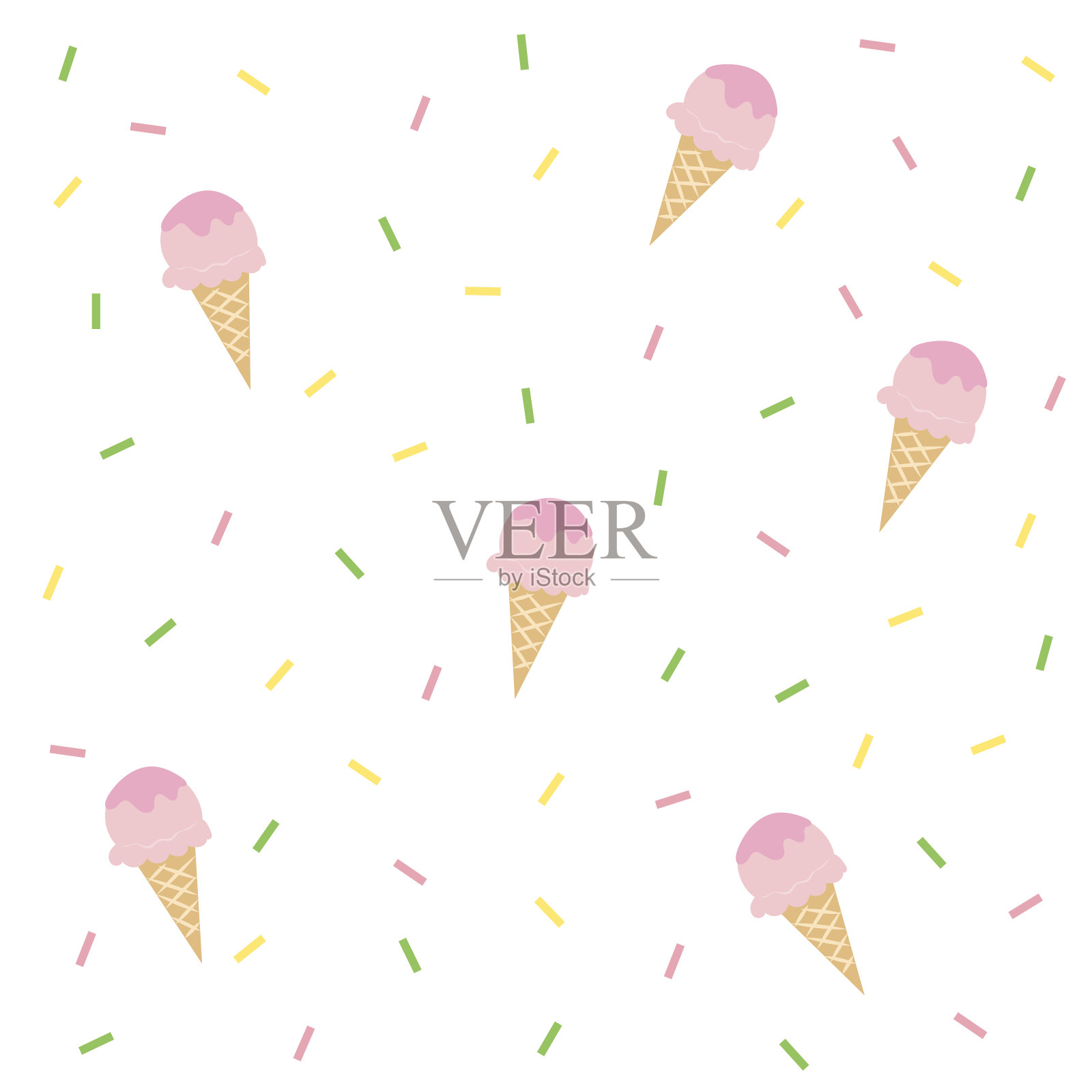 草莓冰淇淋甜筒无缝背景。设计元素图片