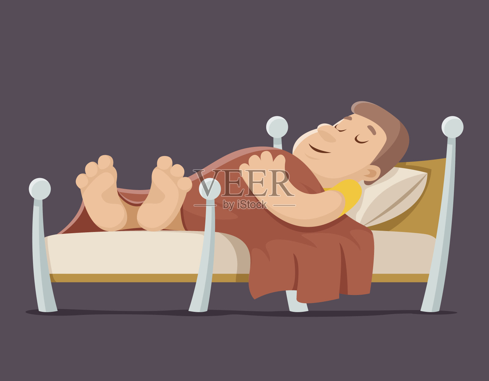 睡男人的床休息晚上毯子枕头卡通设计矢量插画图片素材