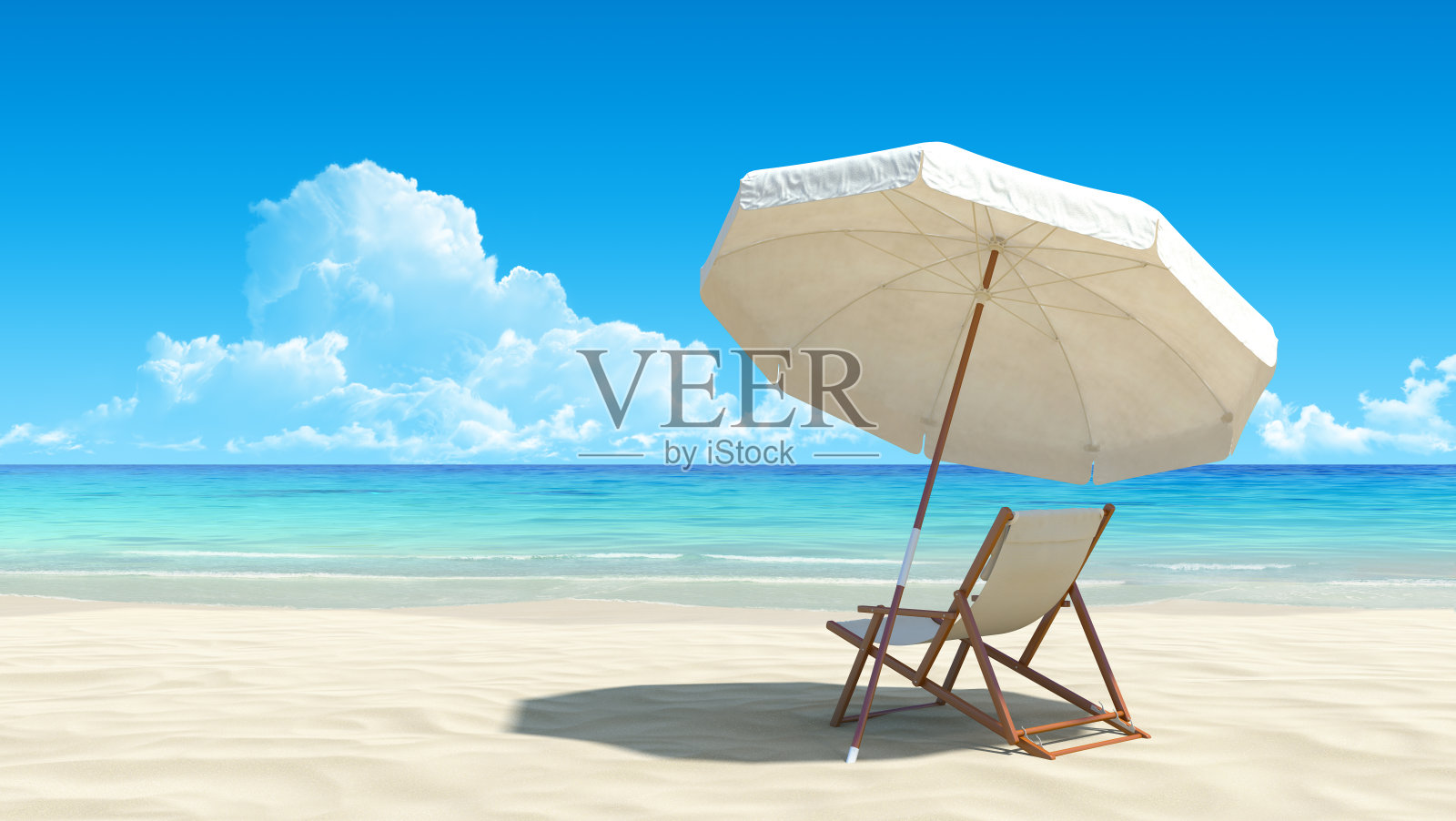 日光躺椅和雨伞在荒芜的热带海滩上照片摄影图片