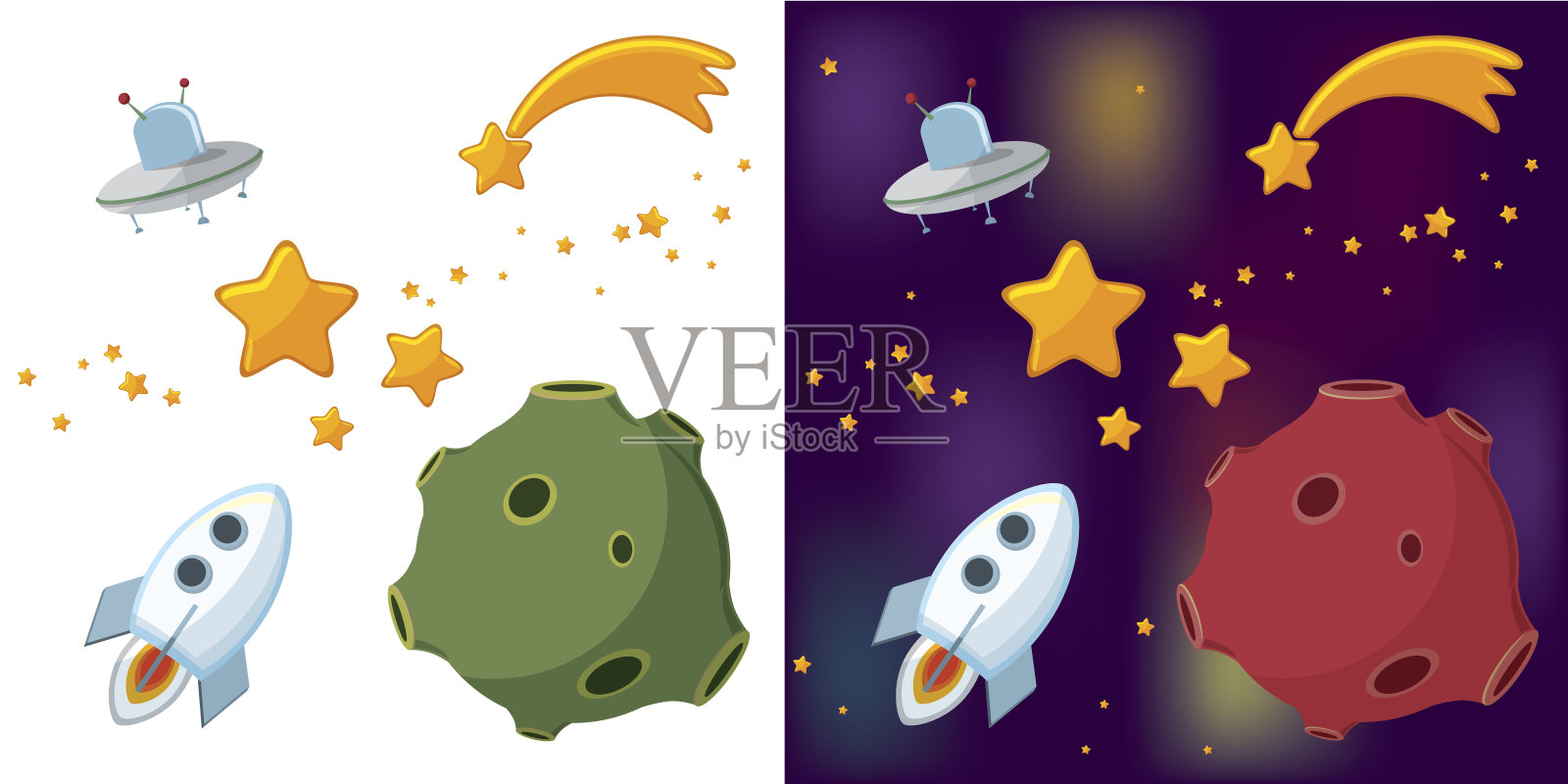 有星星、火箭和UFO的太空插画图片素材