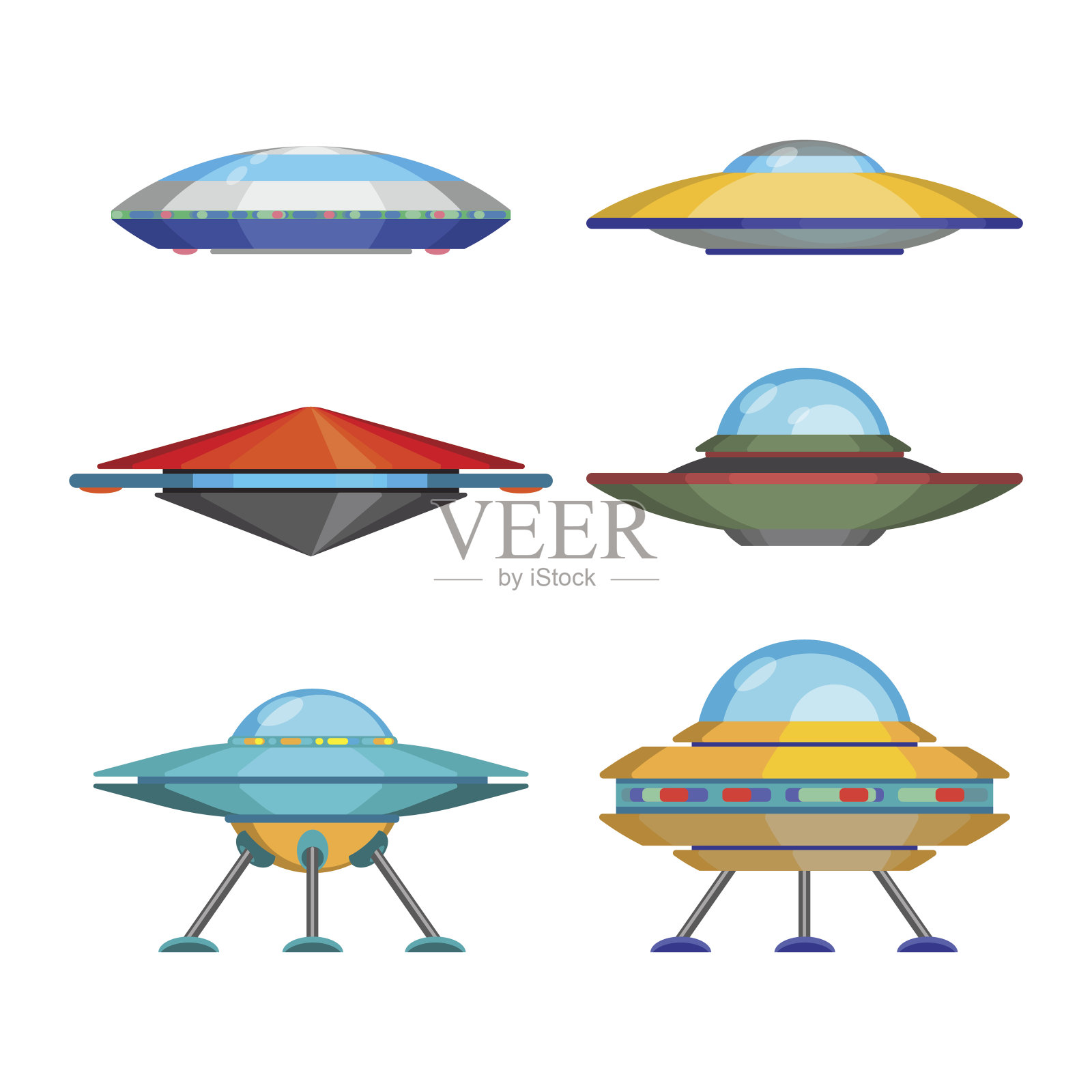 一套卡通有趣的外星人飞船，矢量插图插画图片素材
