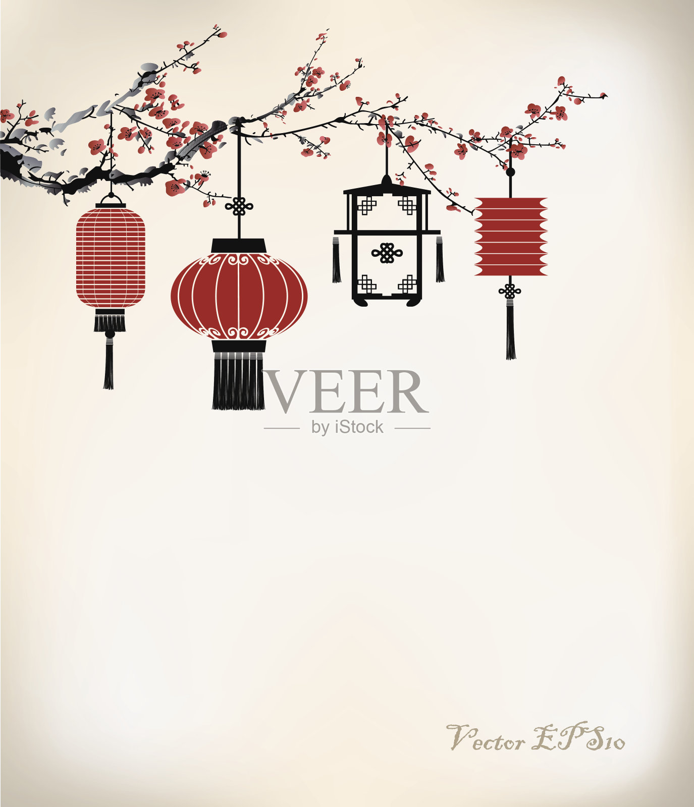 中国灯笼挂在樱桃树上插画图片素材