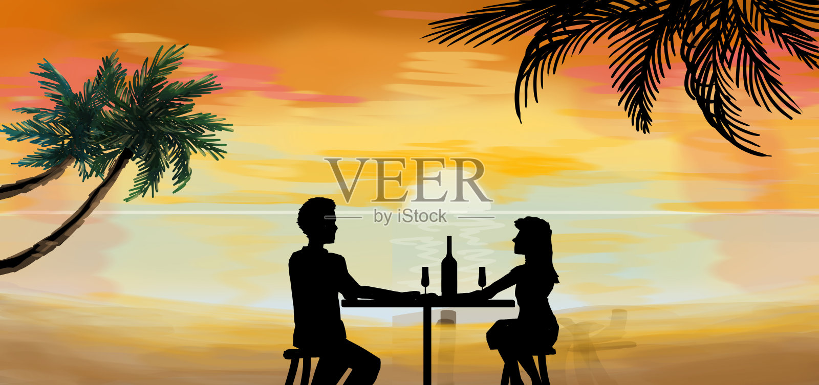 浪漫的情侣晚餐在热带日落插图插画图片素材