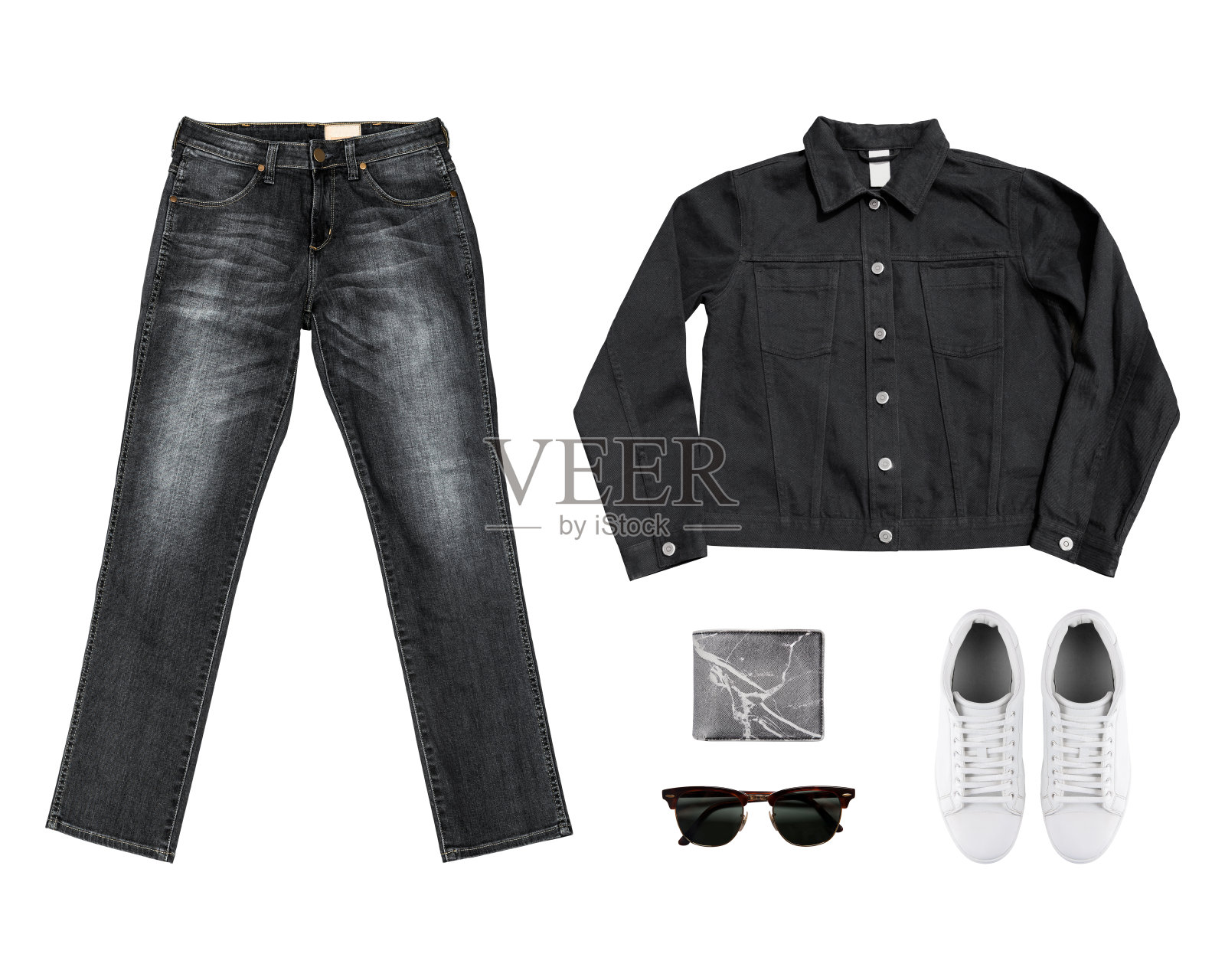 Black& White Tone Man的服装系列(牛仔裤，钱包，太阳镜照片摄影图片