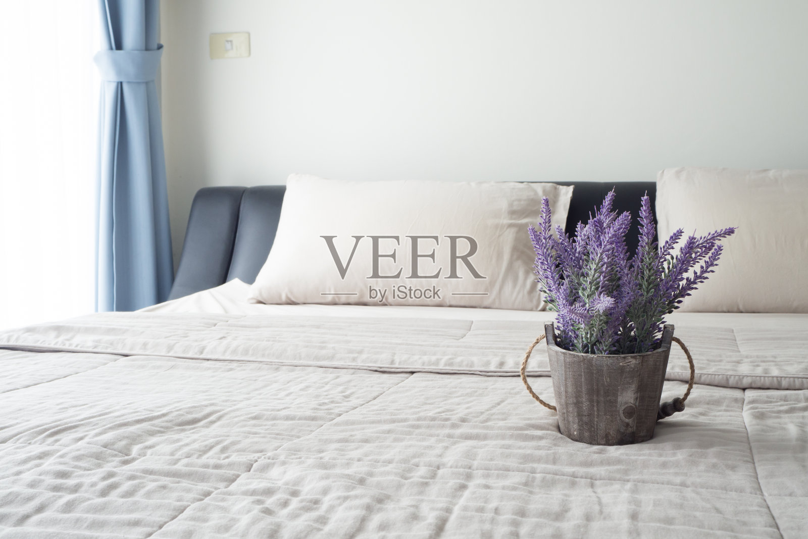 床上的花盆上放着紫色的薰衣草花。照片摄影图片