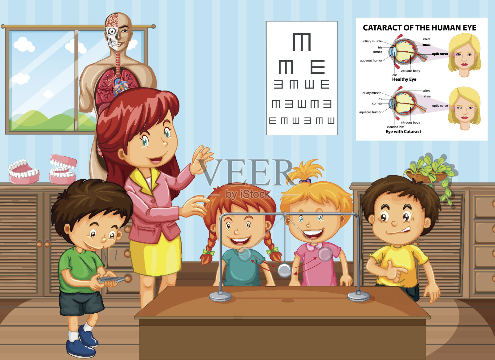 科学老师和学生在教室里插画图片素材