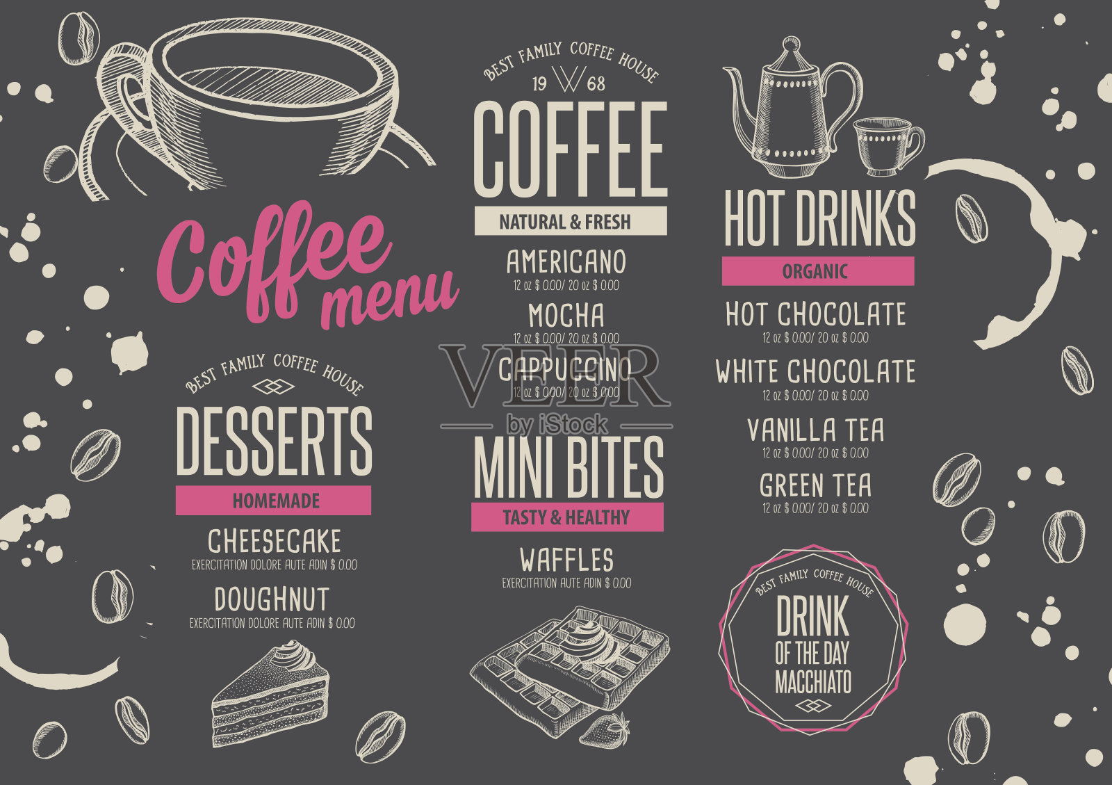 咖啡菜单、餐垫、餐厅宣传册。设计模板素材