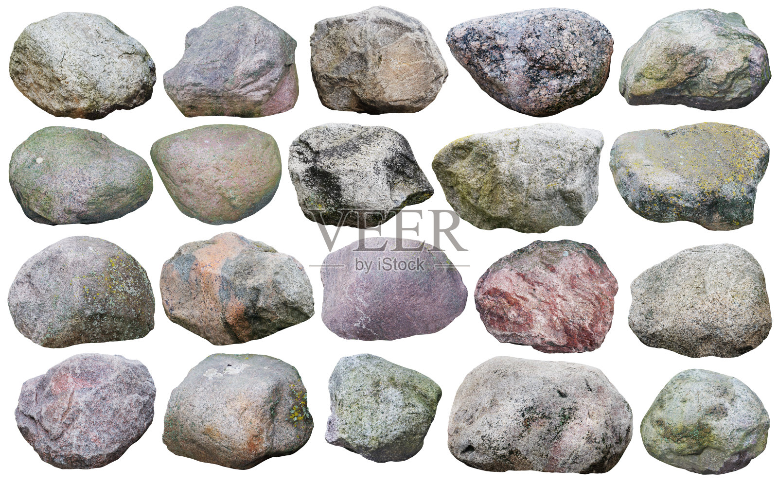 20块各种形状和颜色的大花岗岩和巨石。孤立的白色拼贴从许多户外照片照片摄影图片