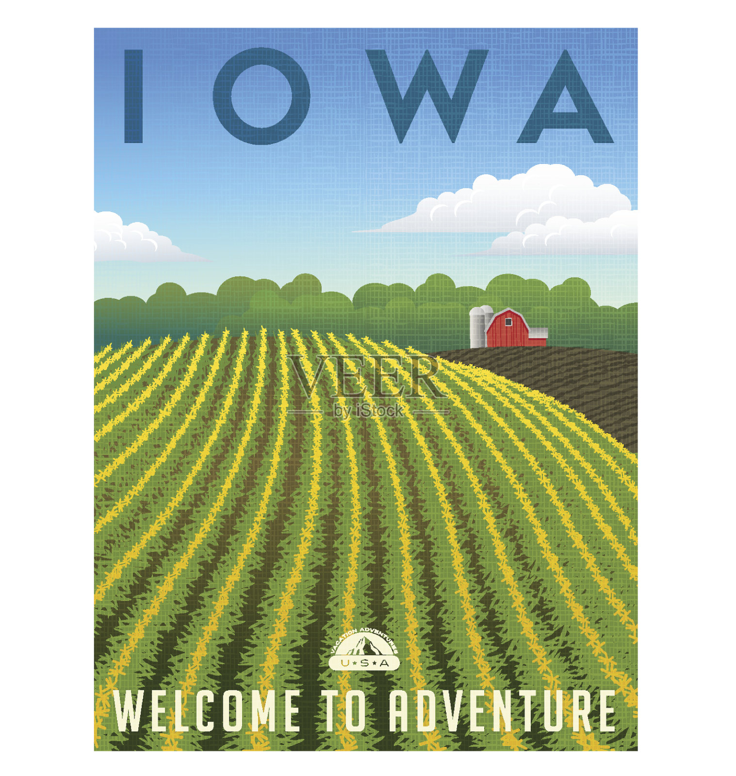 美国爱荷华州复古旅行海报或行李标签矢量插图设计模板素材